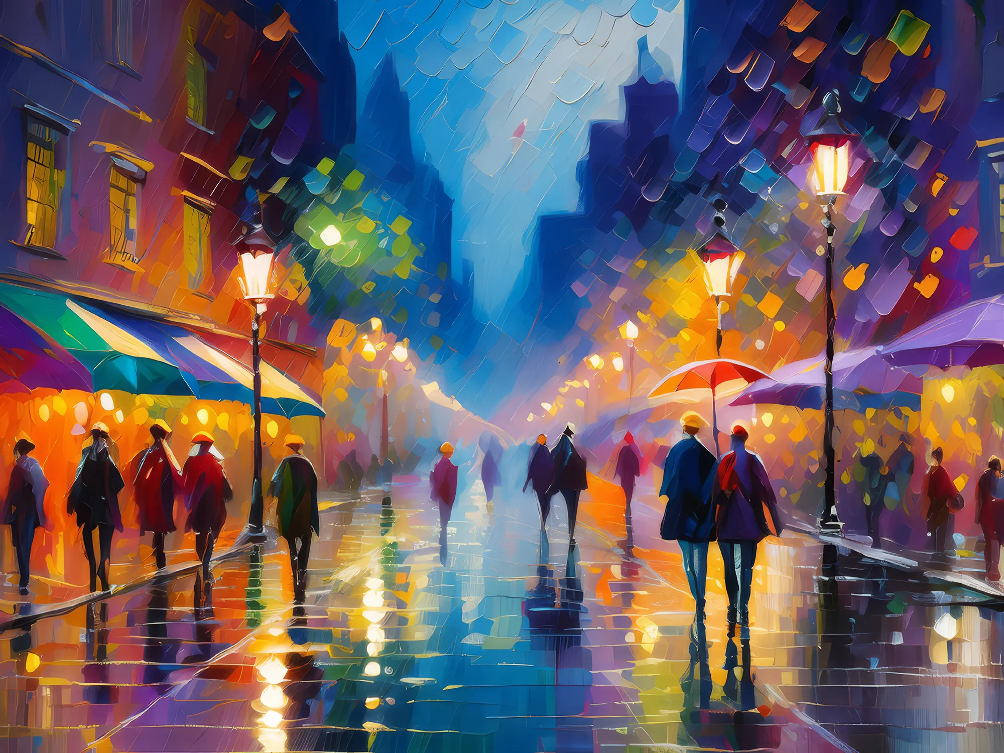 Painting: Rain-soaked City Street at Night