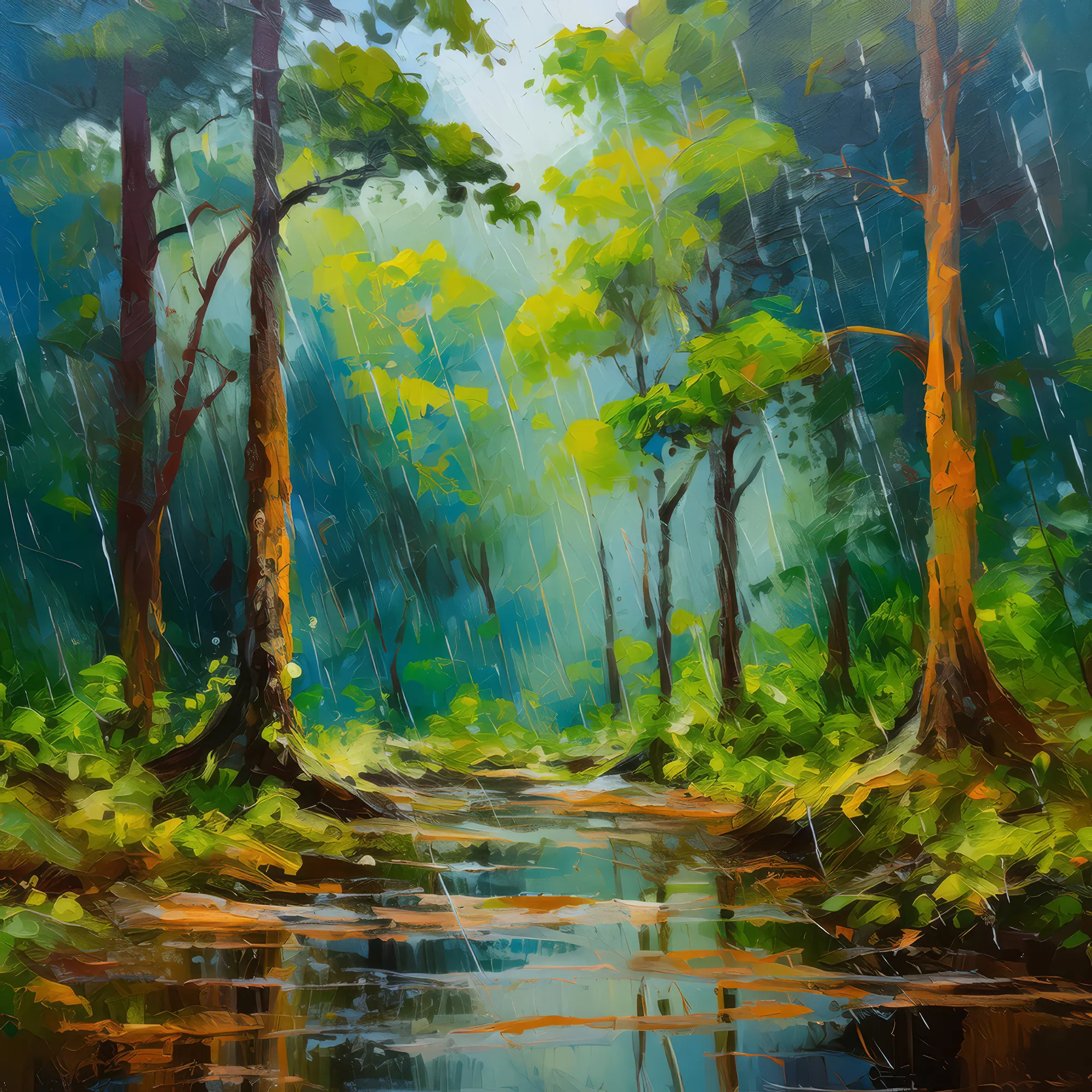 Painting: Rainy Day in Forest