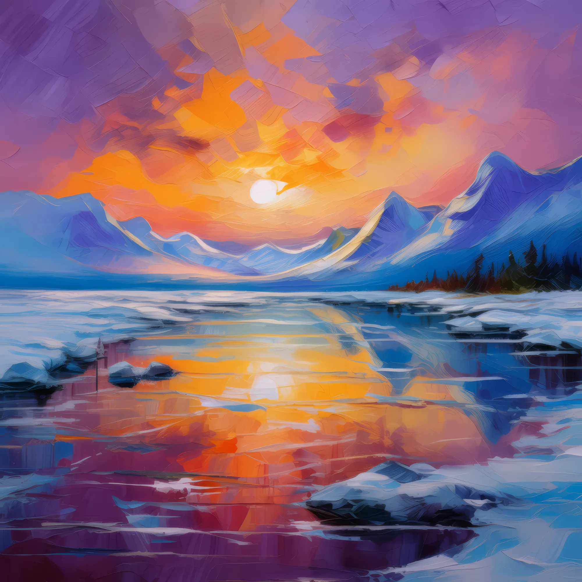 Painting: Reflections on Frozen Lake