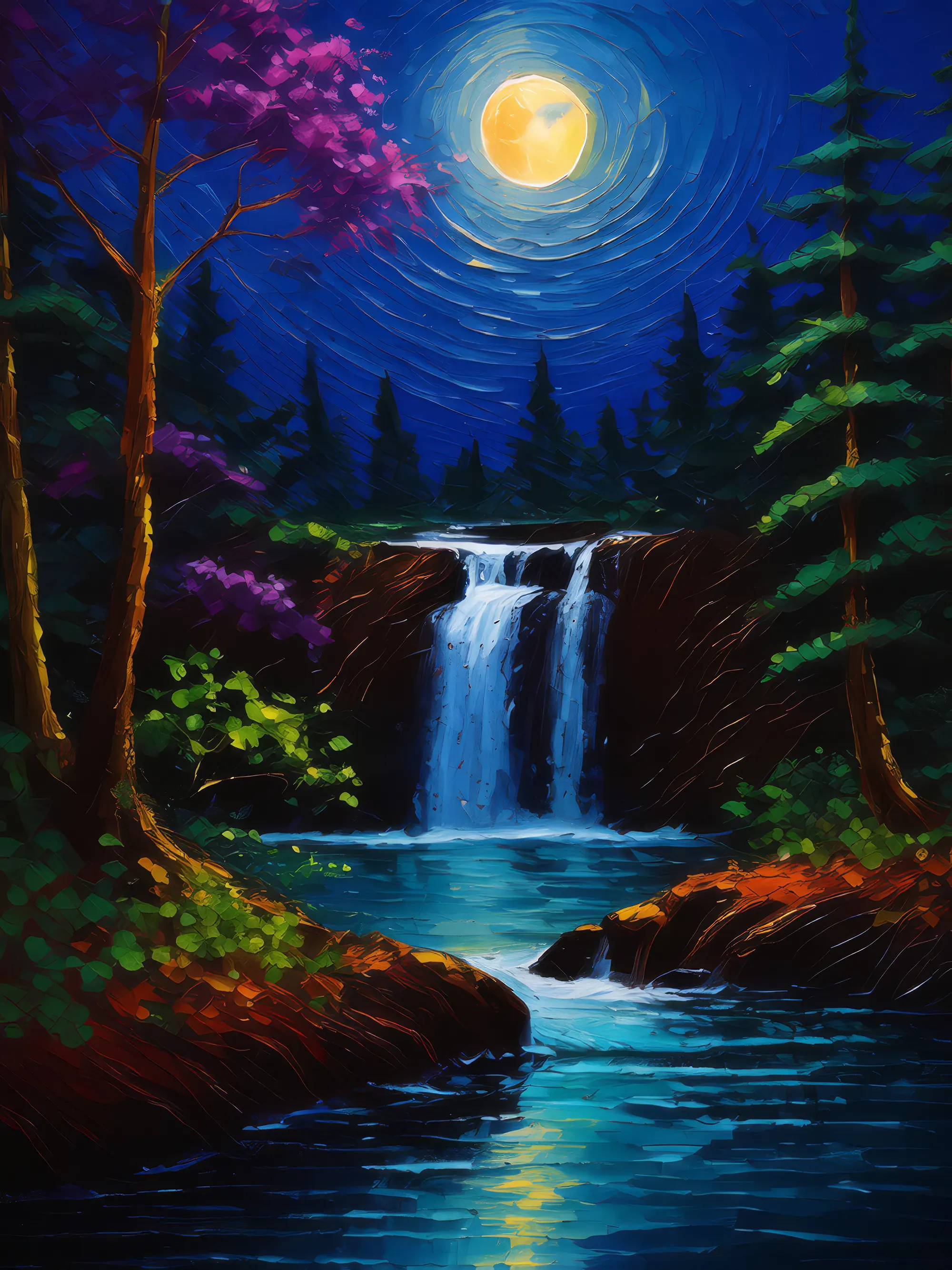 Painting: Reflective Waterfall at Night