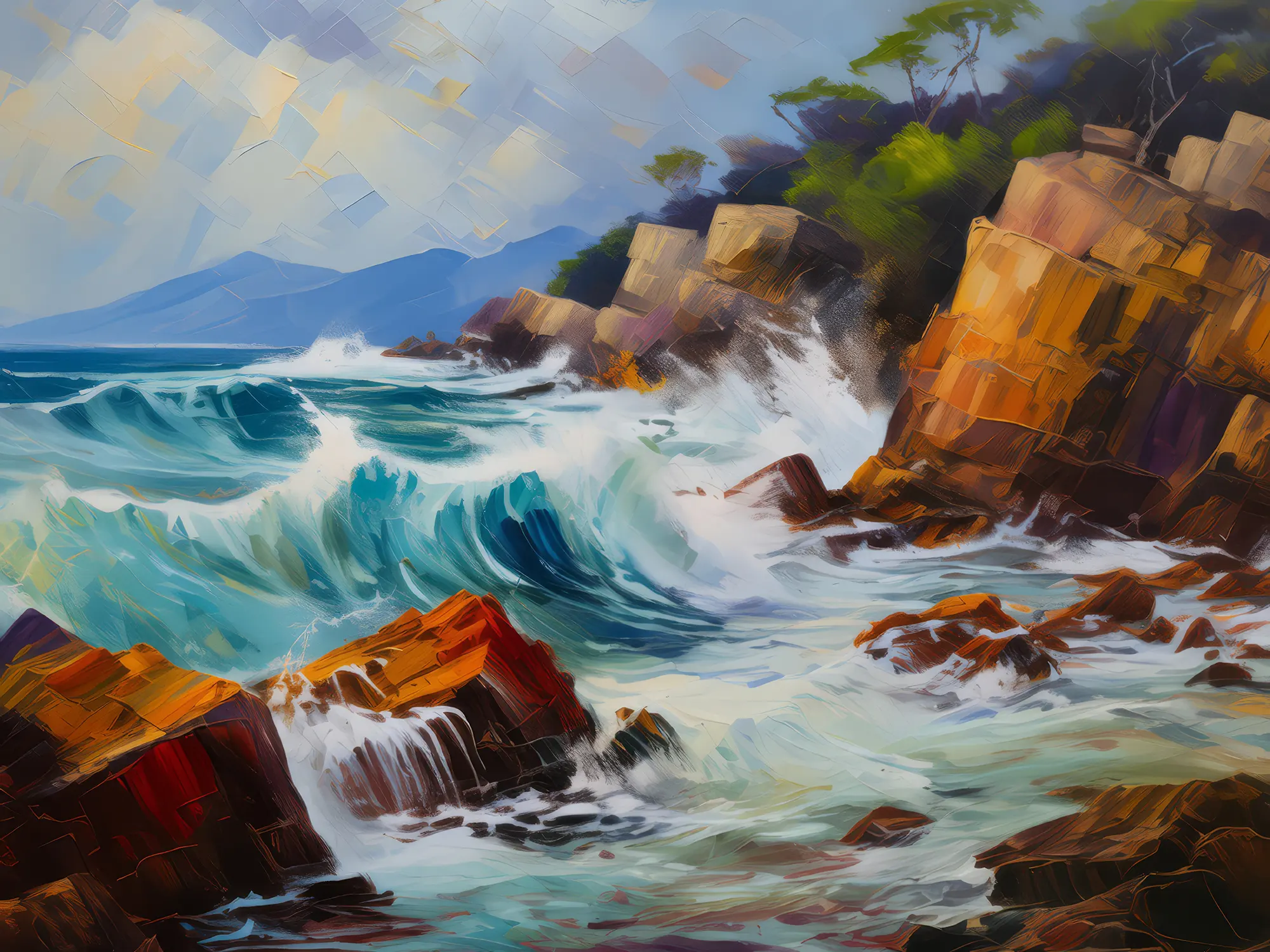 Painting: Rocky Shoreline at High Tide