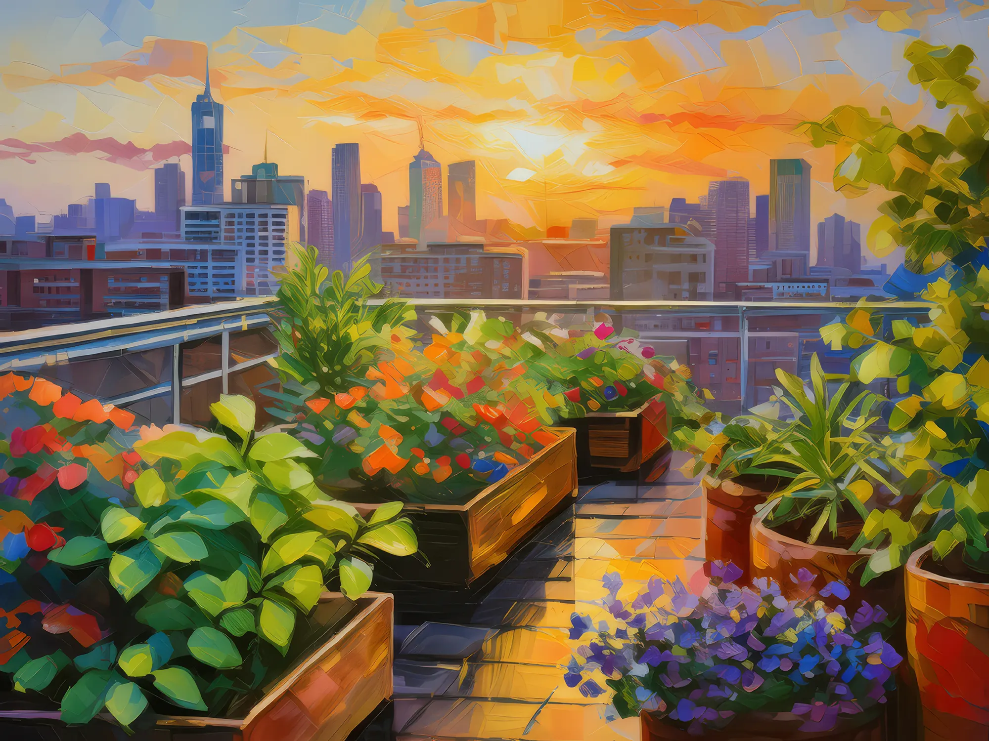 Painting: Rooftop Garden at Sunset