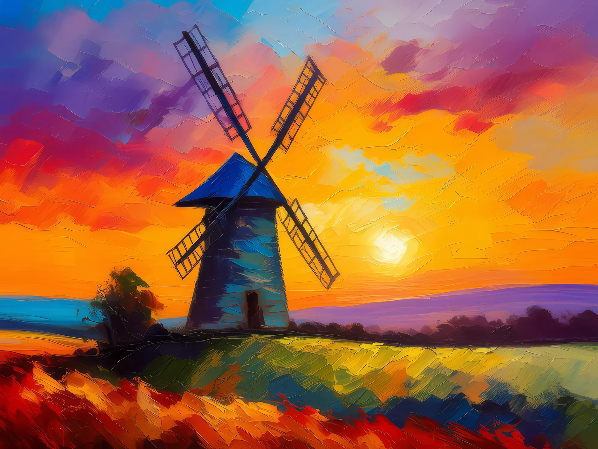 Painting: Rural Windmill at Sunset
