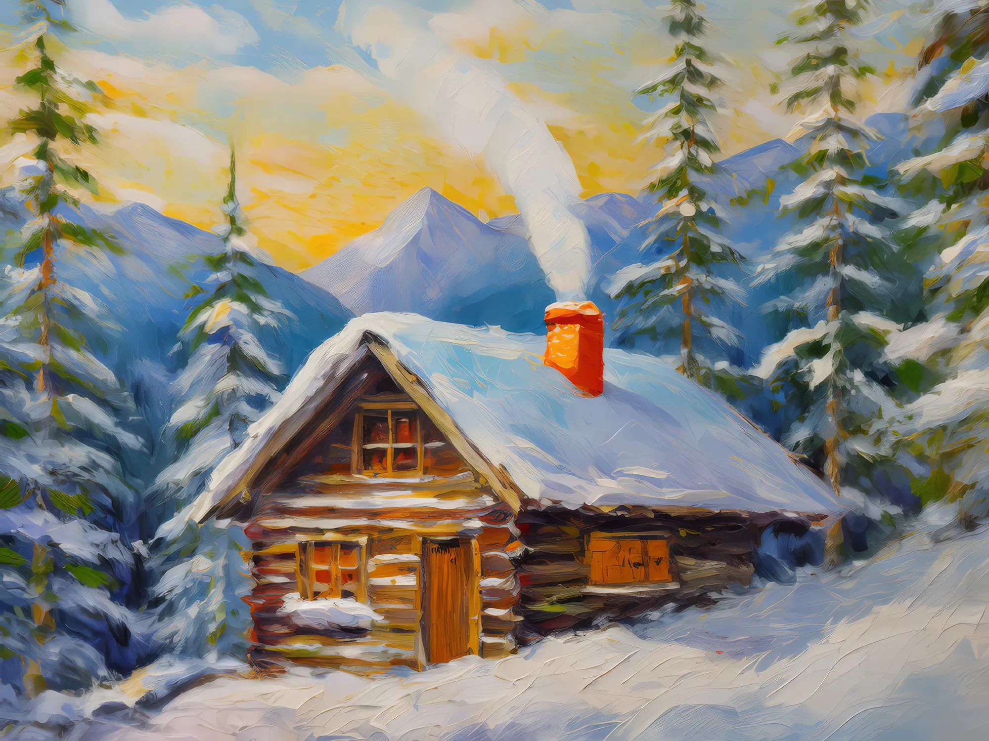 Painting: Rustic Alpine Cabin Life