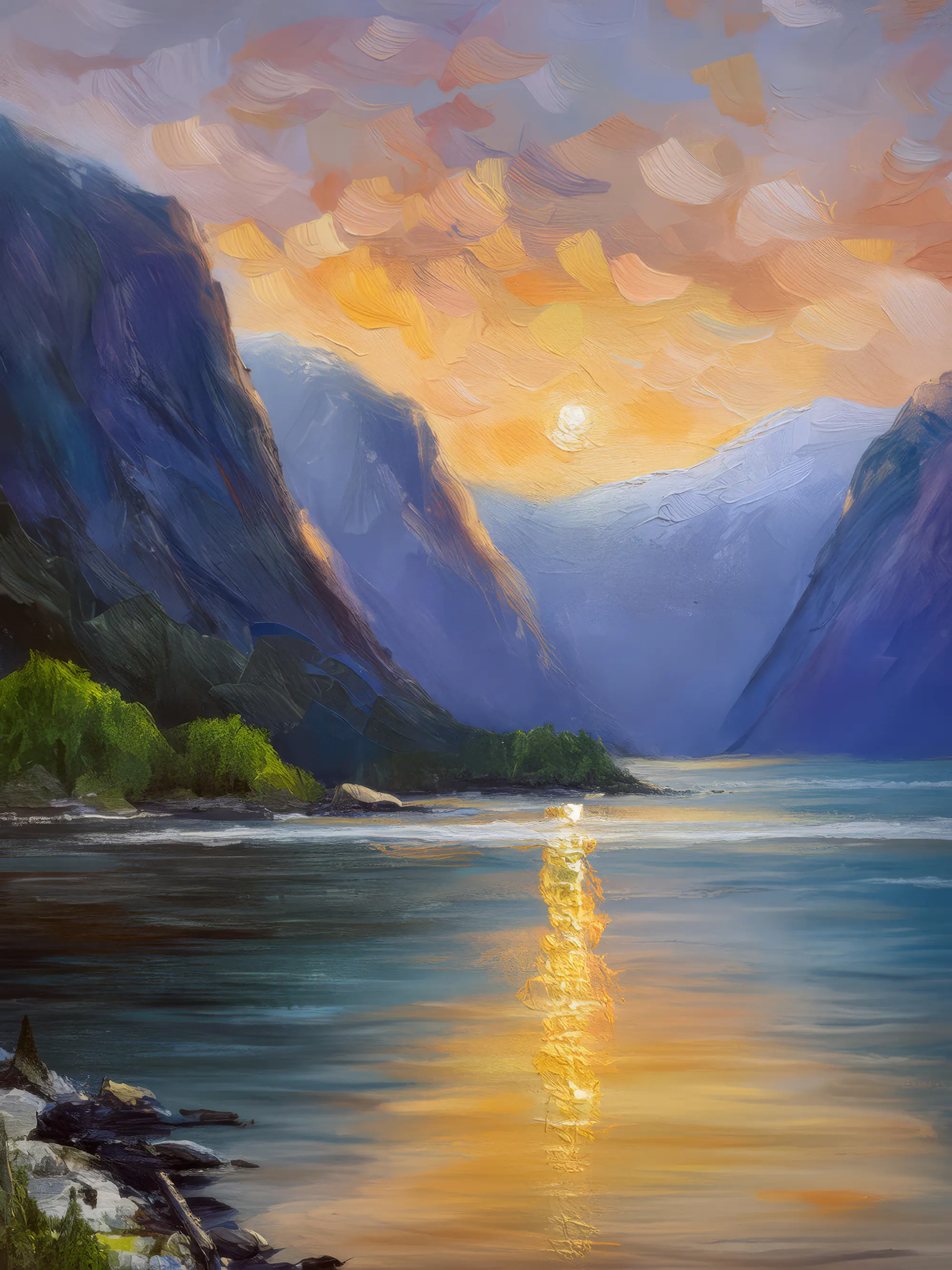 Painting: Serene Dawn Over the Fjord