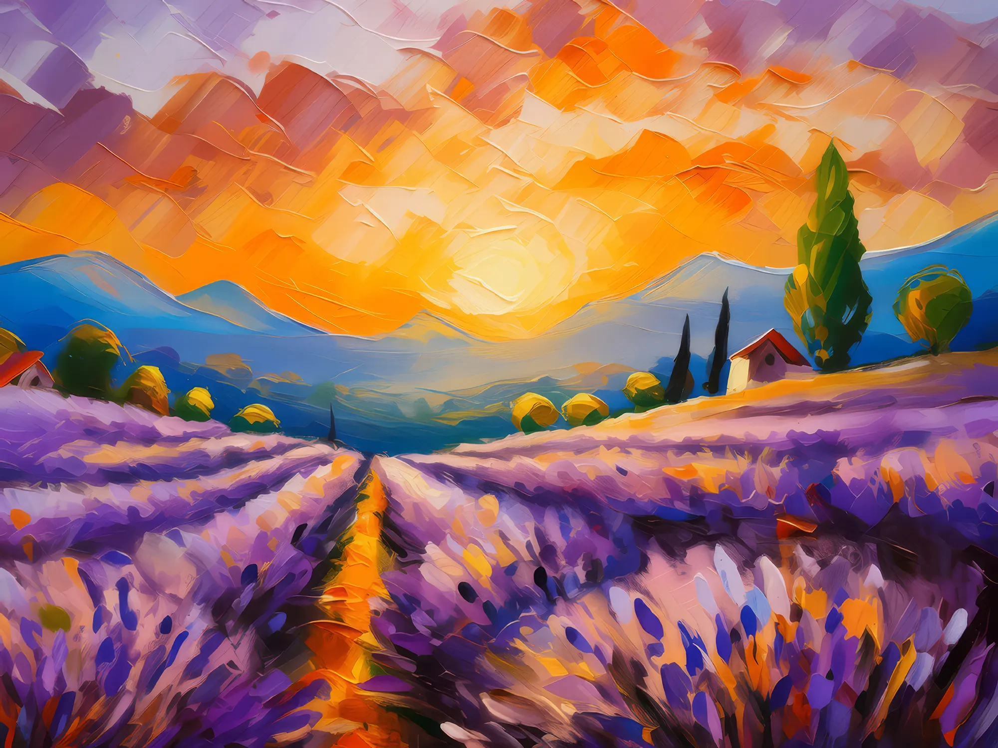 Painting: Serene Lavender Fields at Sunset