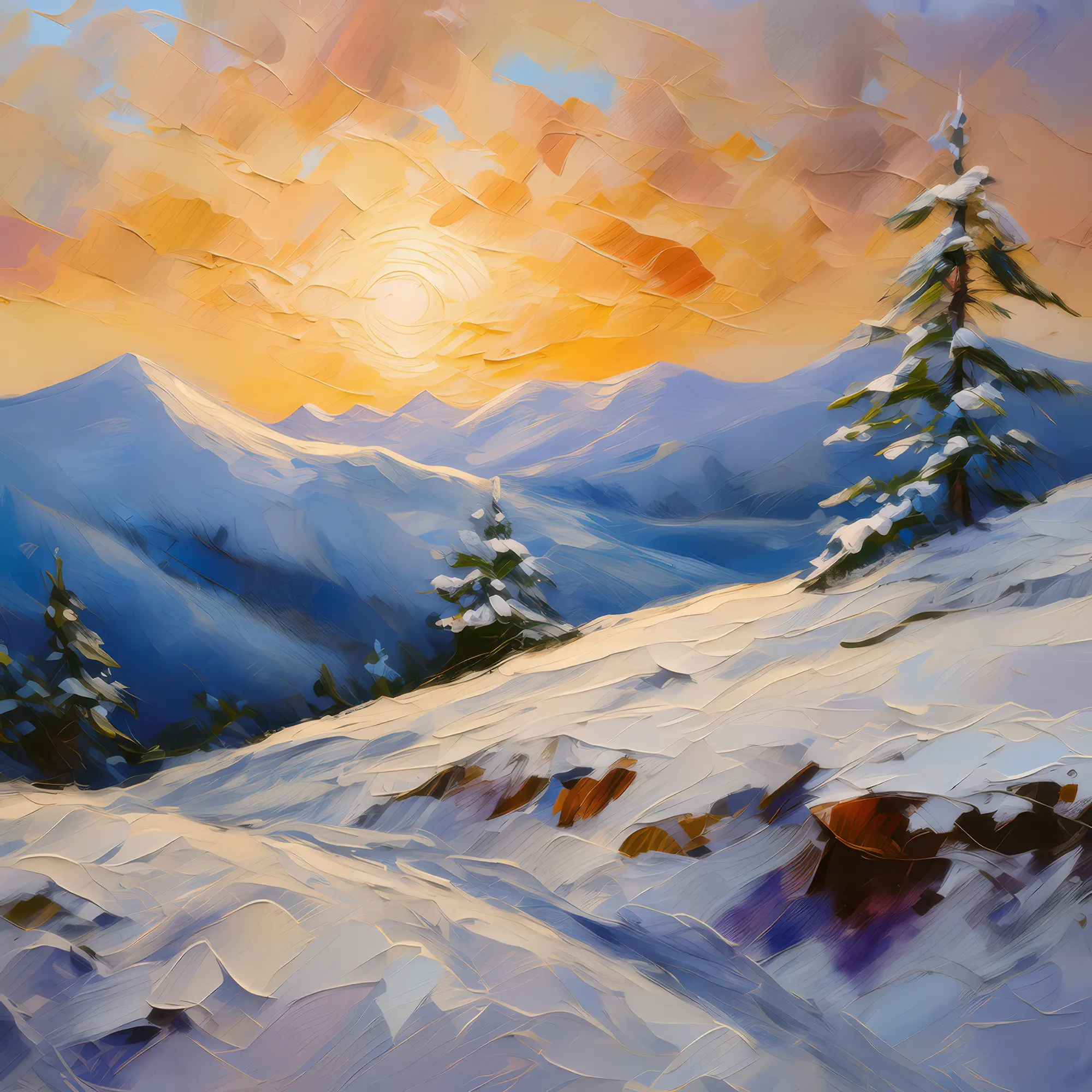 Painting: Snow-Covered Hill at Dawn