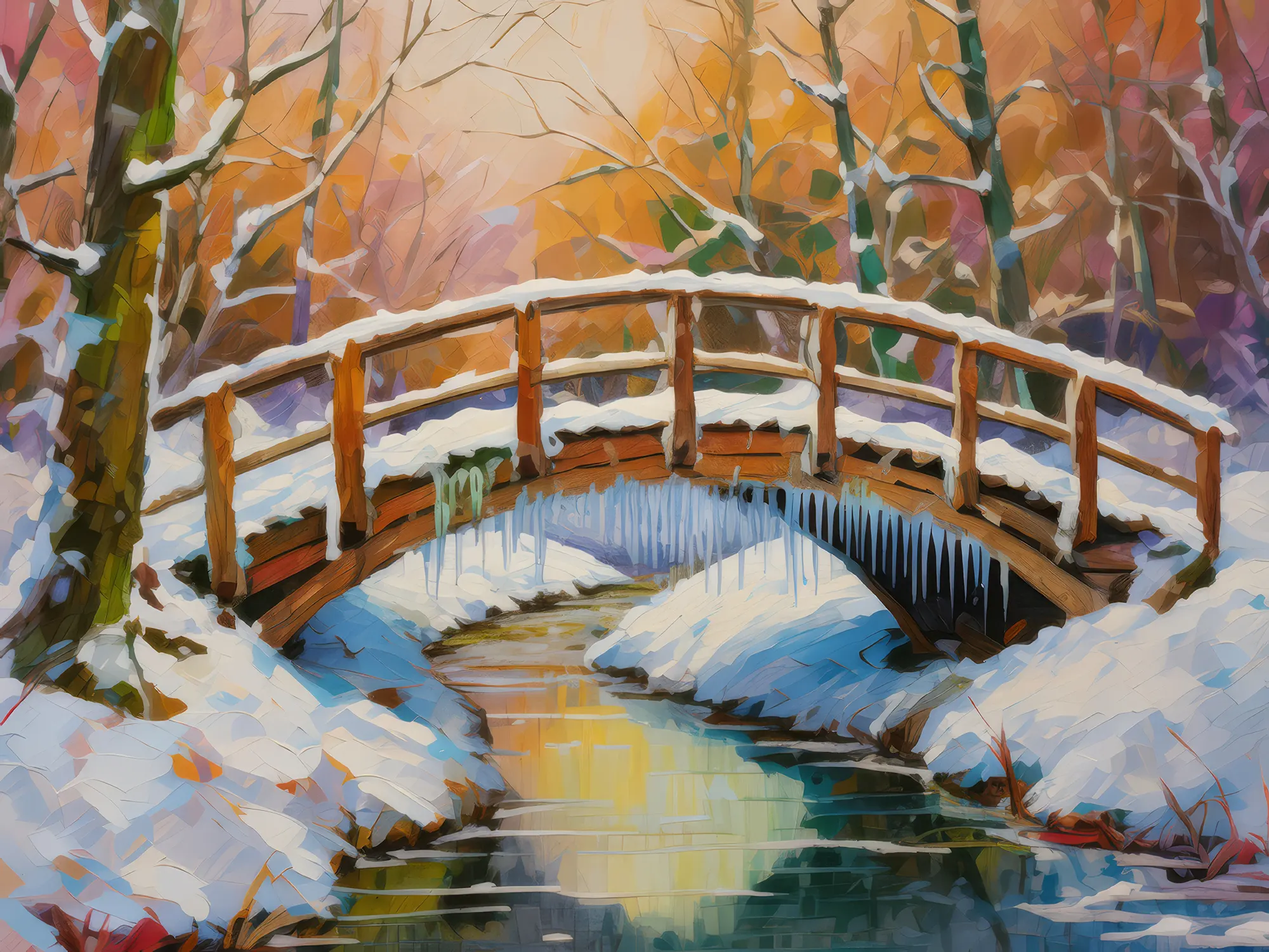 Painting: Snowy Bridge Over Creek