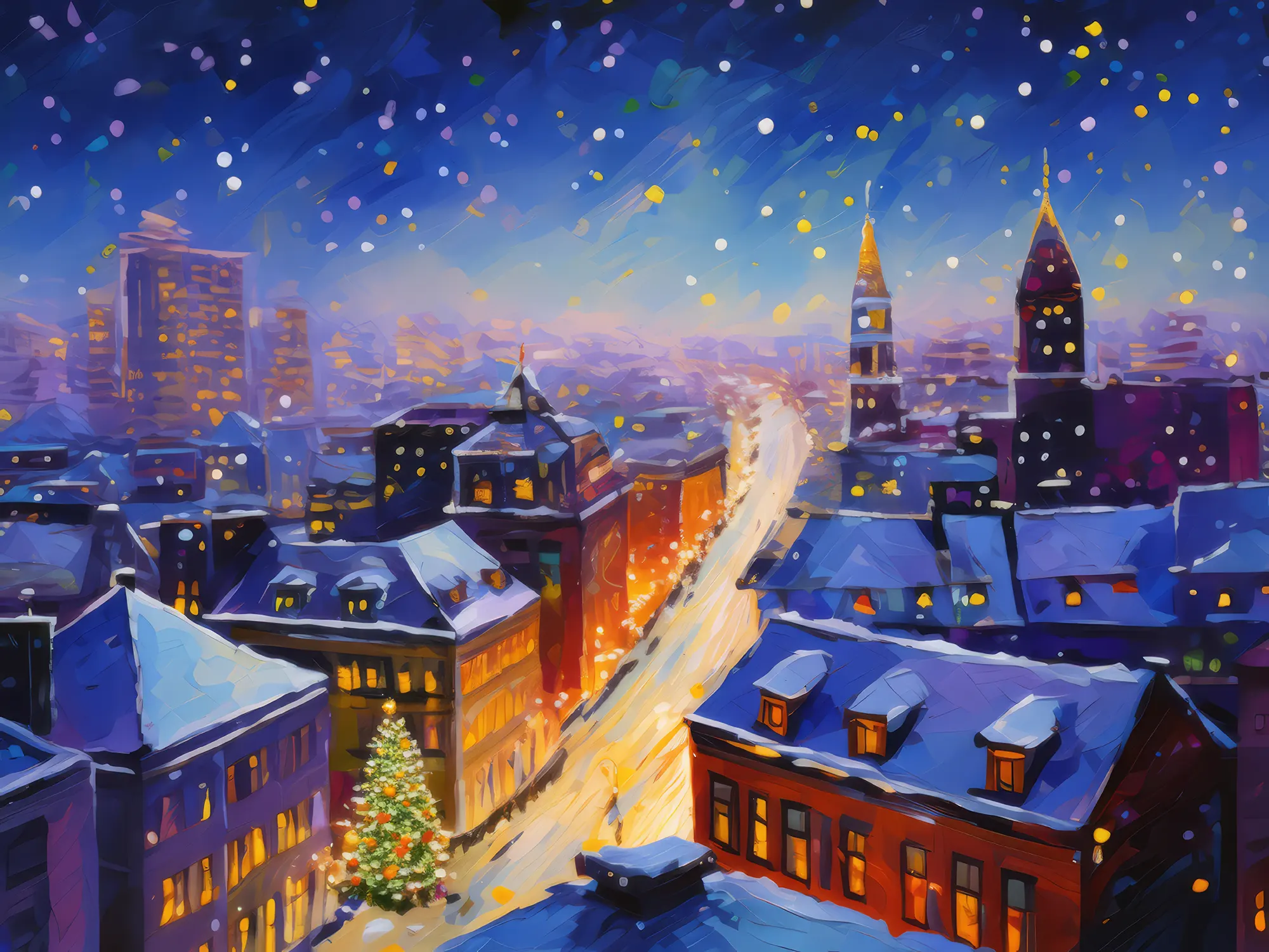 Painting: Snowy City Rooftop View