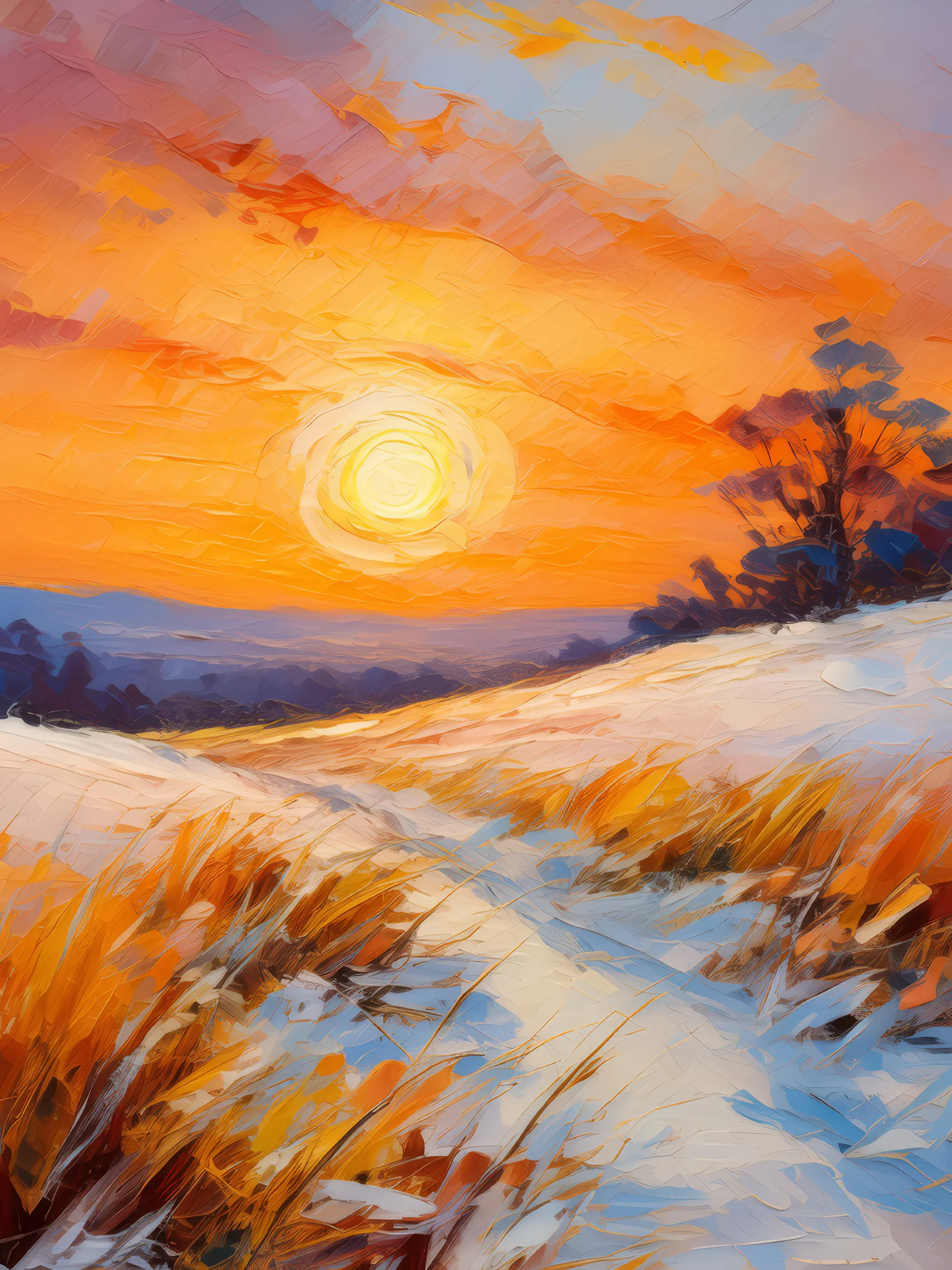 Painting: Snowy Grassland at Sunset