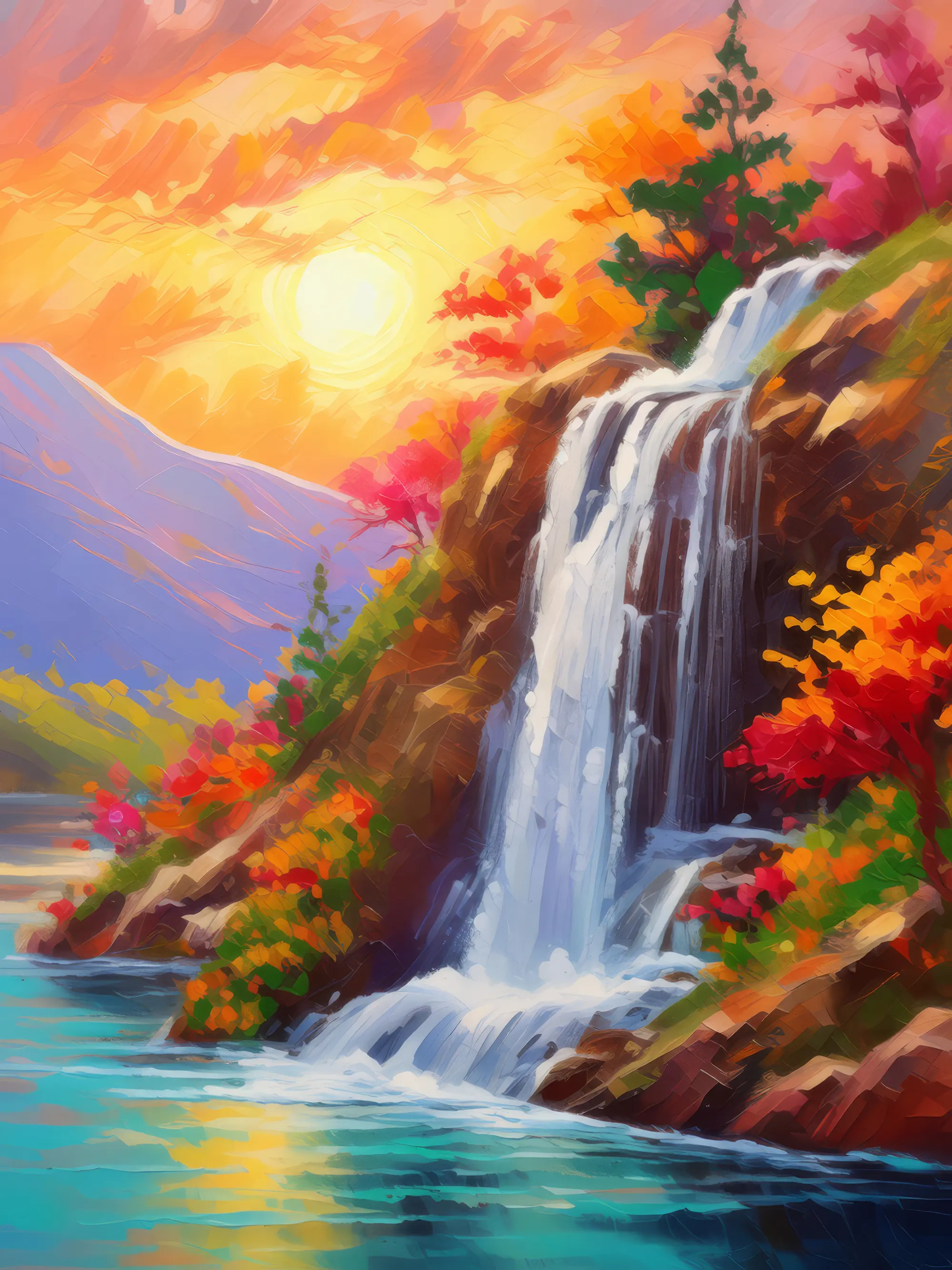 Painting: Sunrise Mountain Waterfall