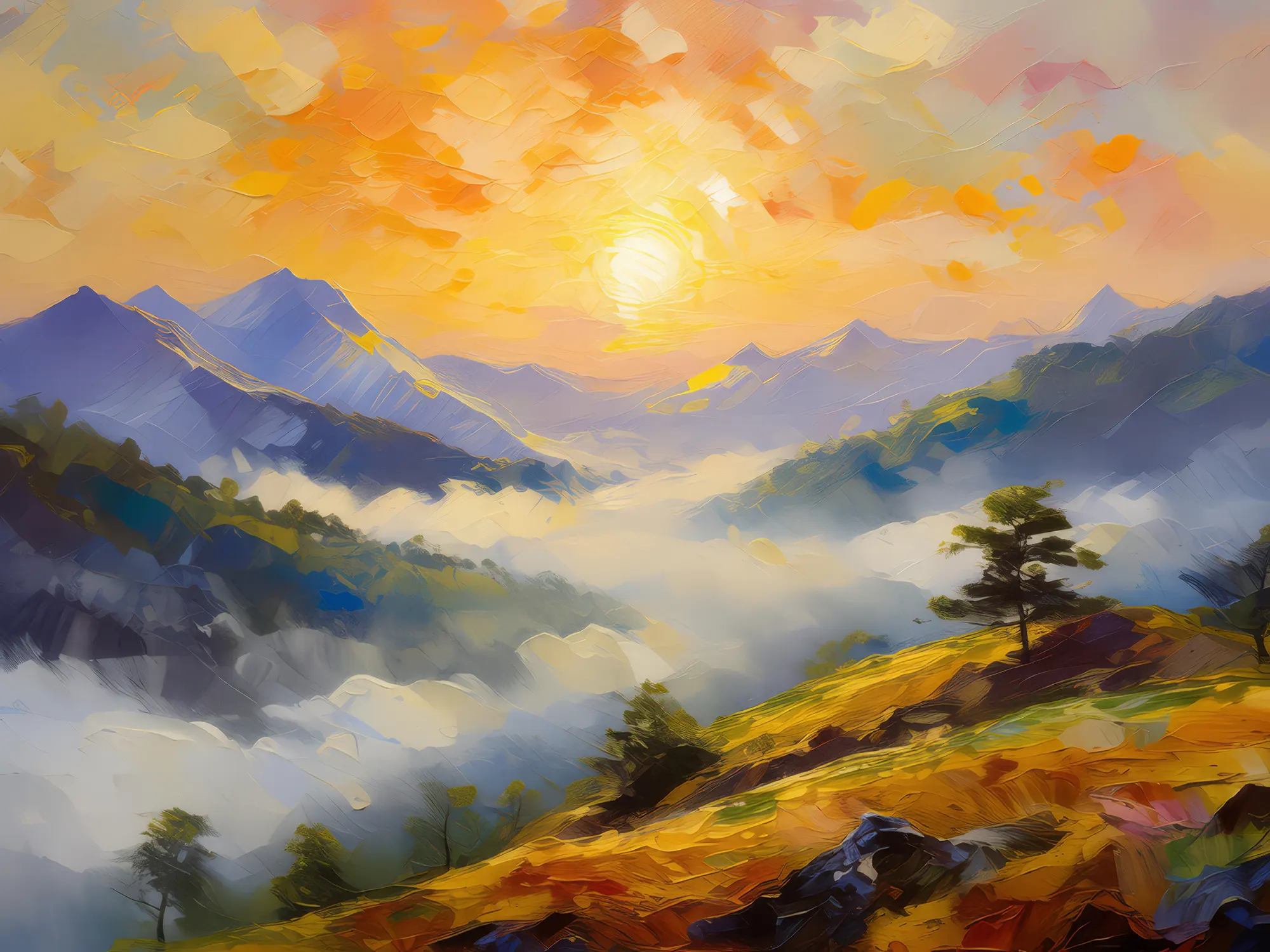 Painting: Sunrise Over Misty Mountains