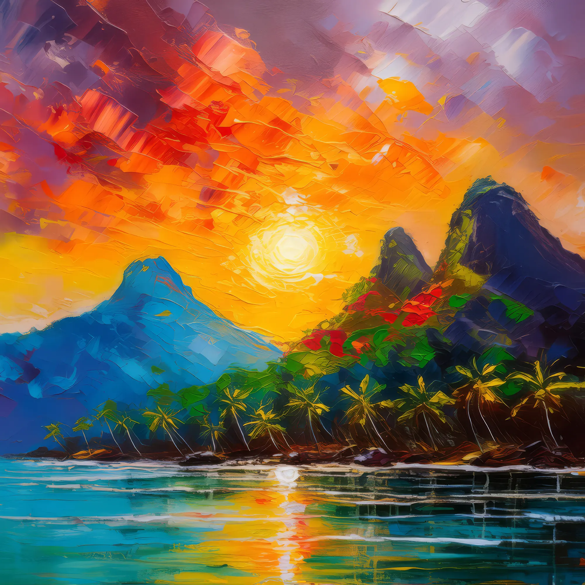 Painting: Sunset Behind Tropical Peaks