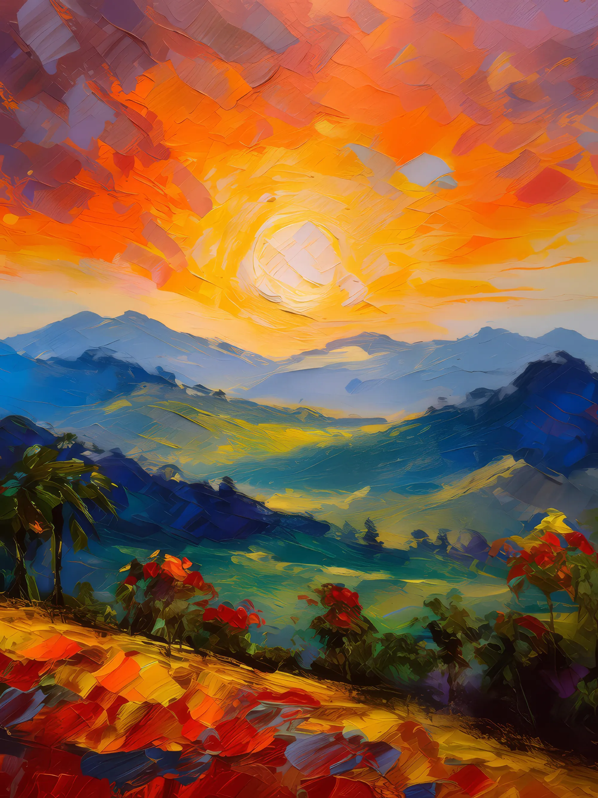 Painting: Sunset Fire on Mountain Slopes