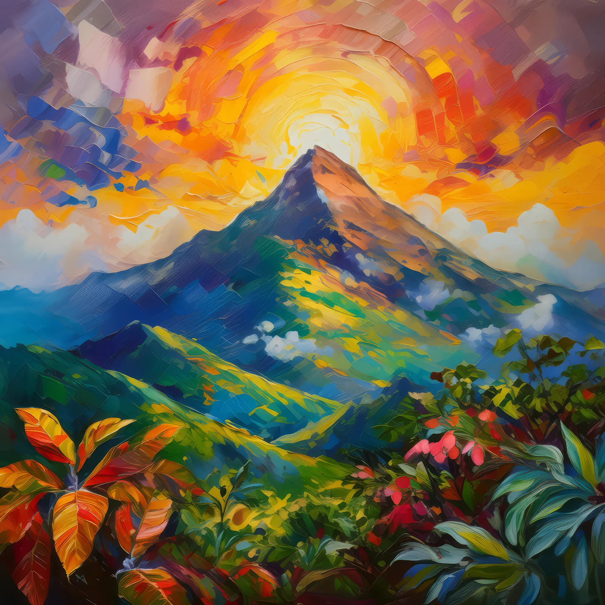 Painting: Sunset Hues on Tropical Peaks