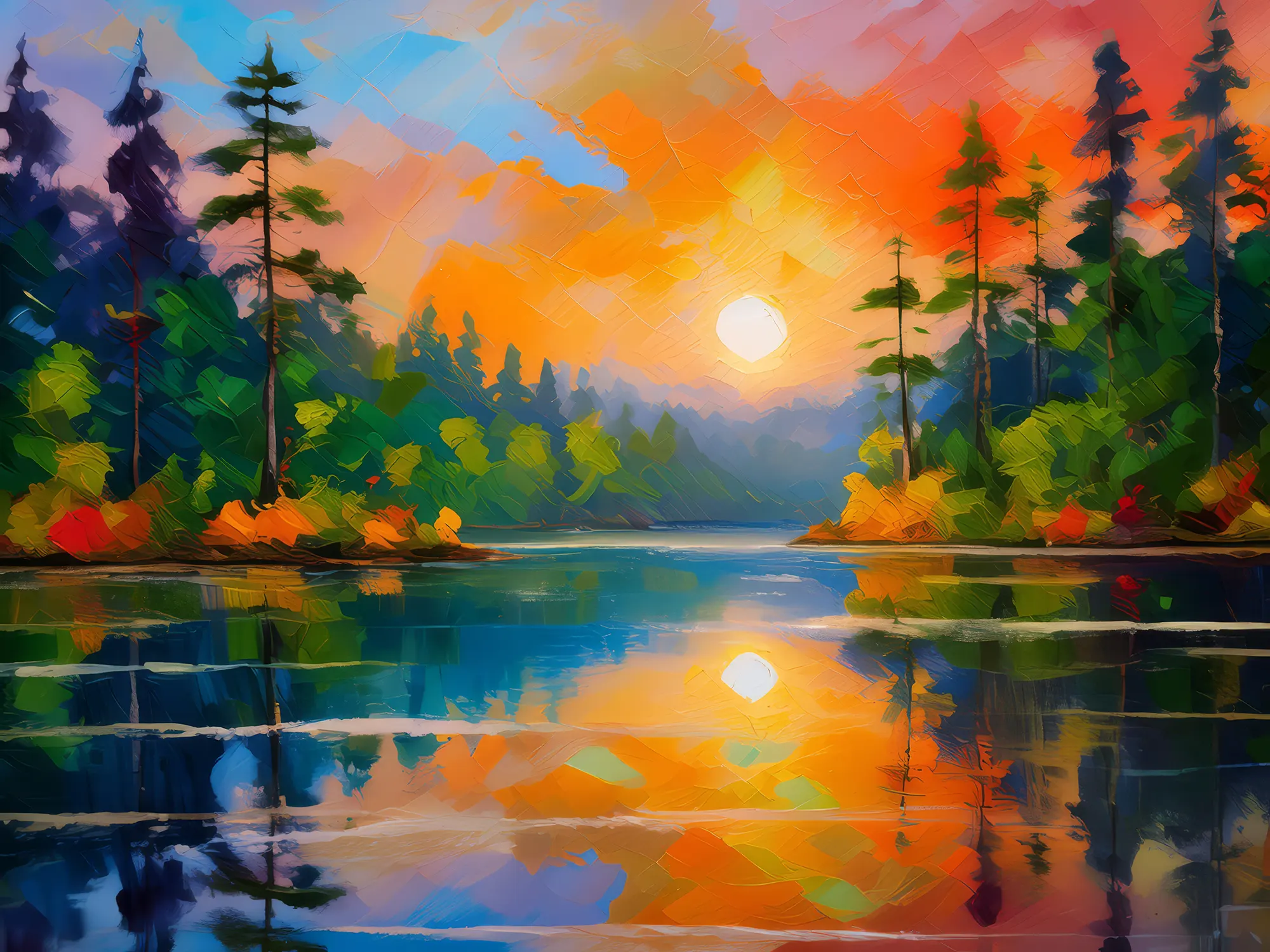 Painting: Sunset Over Forest Lake