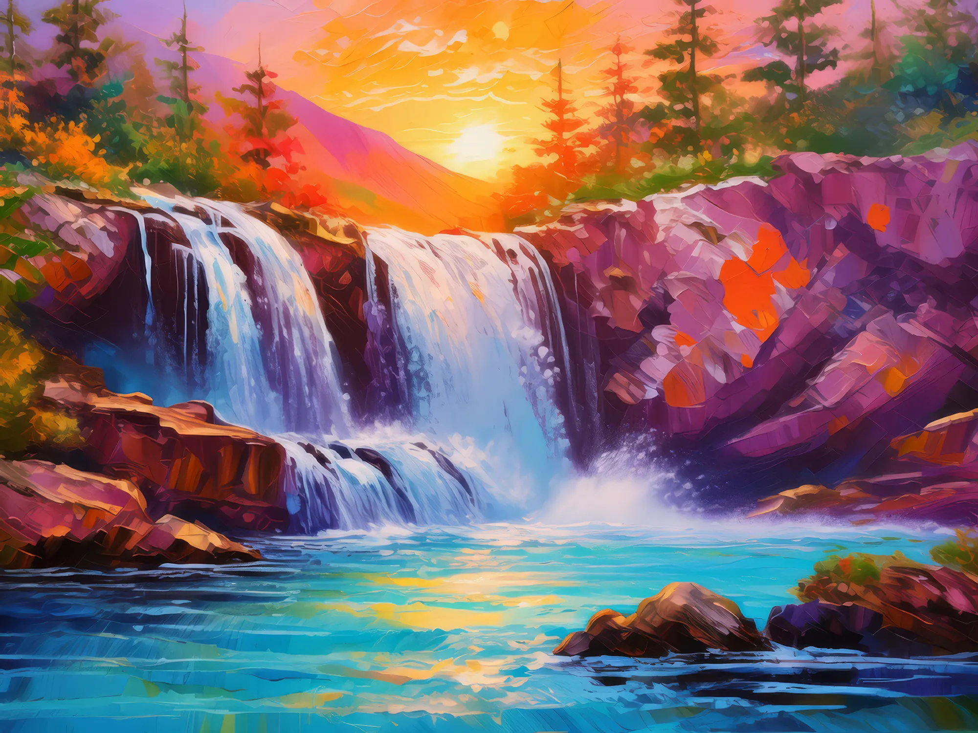 Painting: Sunset Over Forest Waterfall