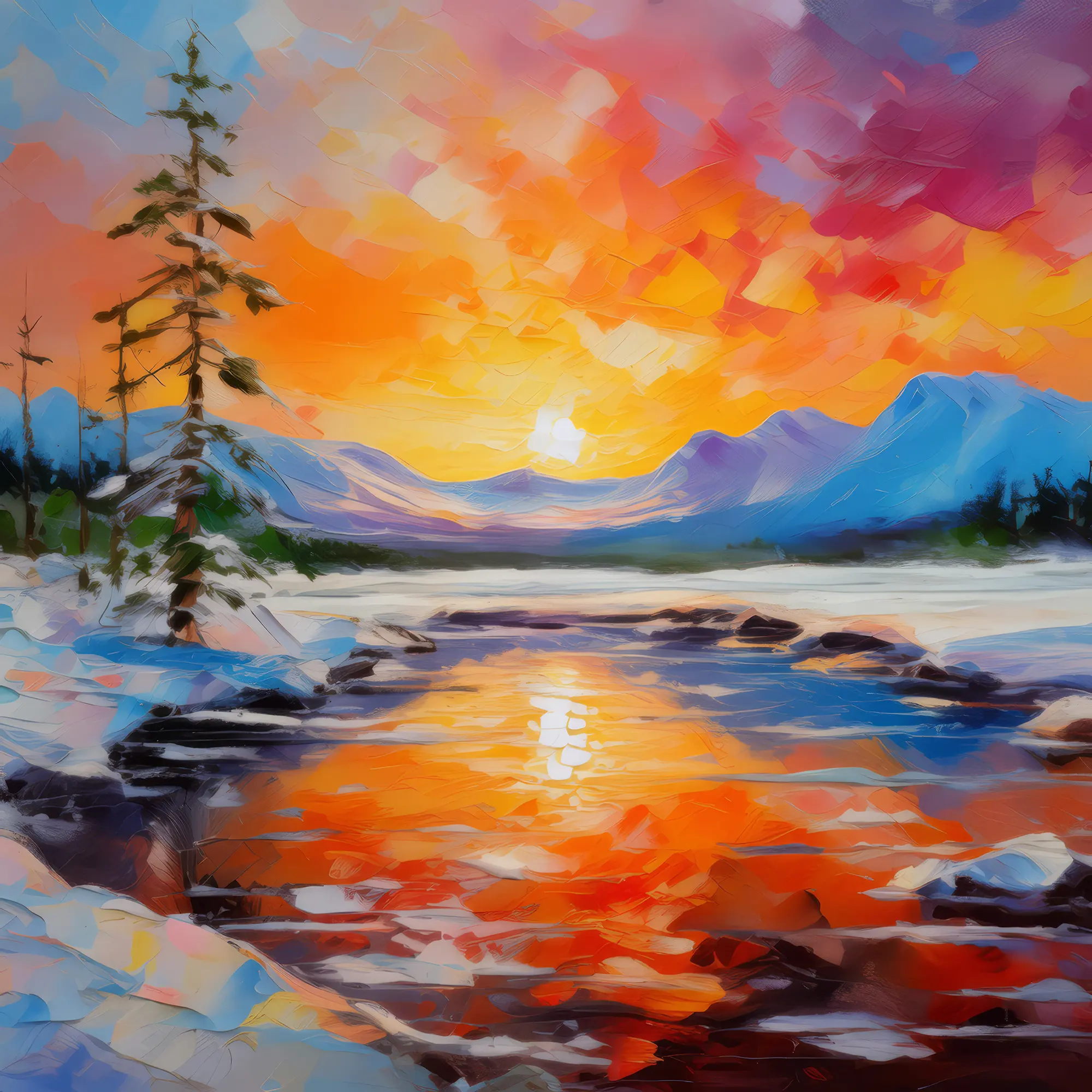Painting: Sunset Over Frozen Lake