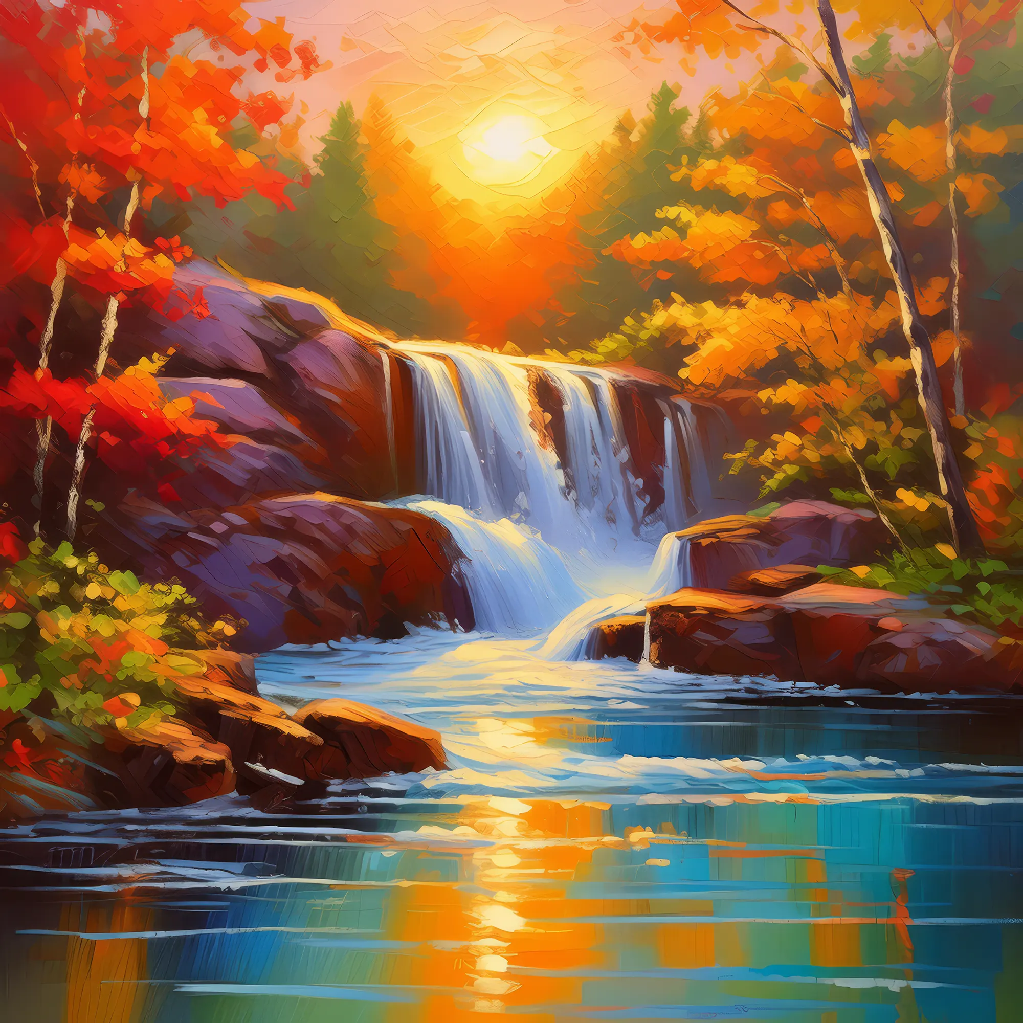 Painting: Sunset Waterfall Serenity