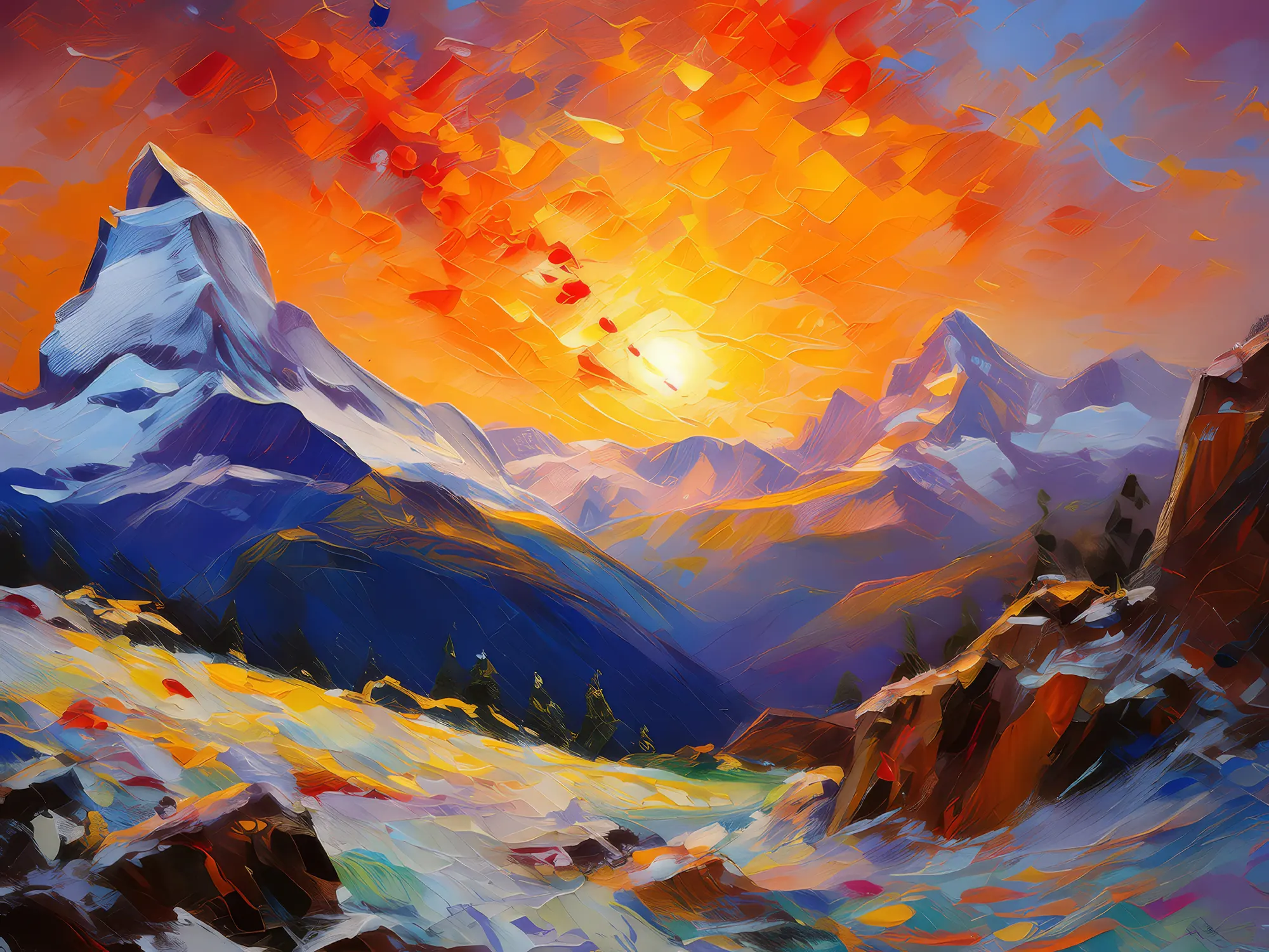 Painting: Sunset on Alpine Peaks