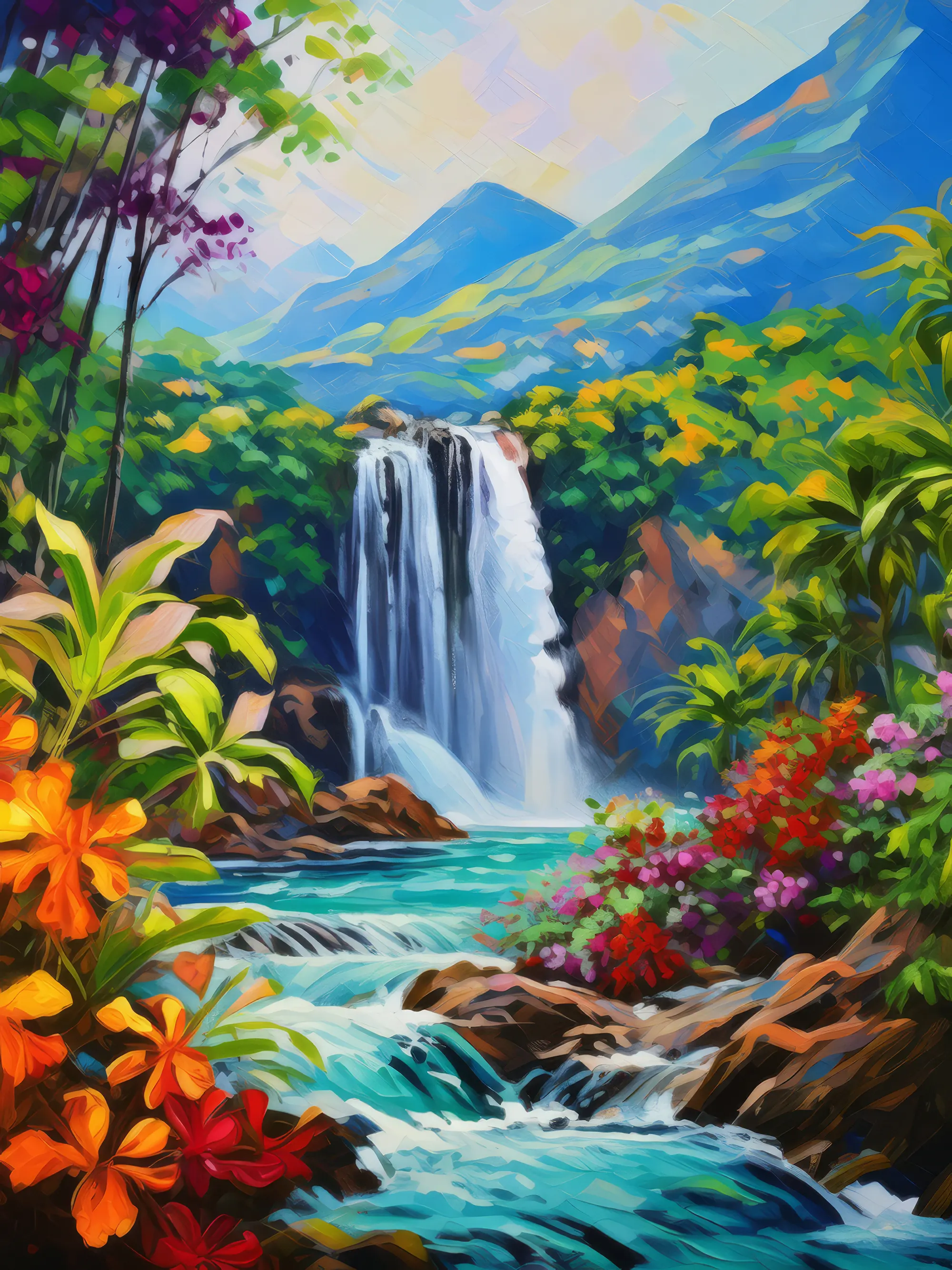 Painting: Tropical Mountain Waterfall
