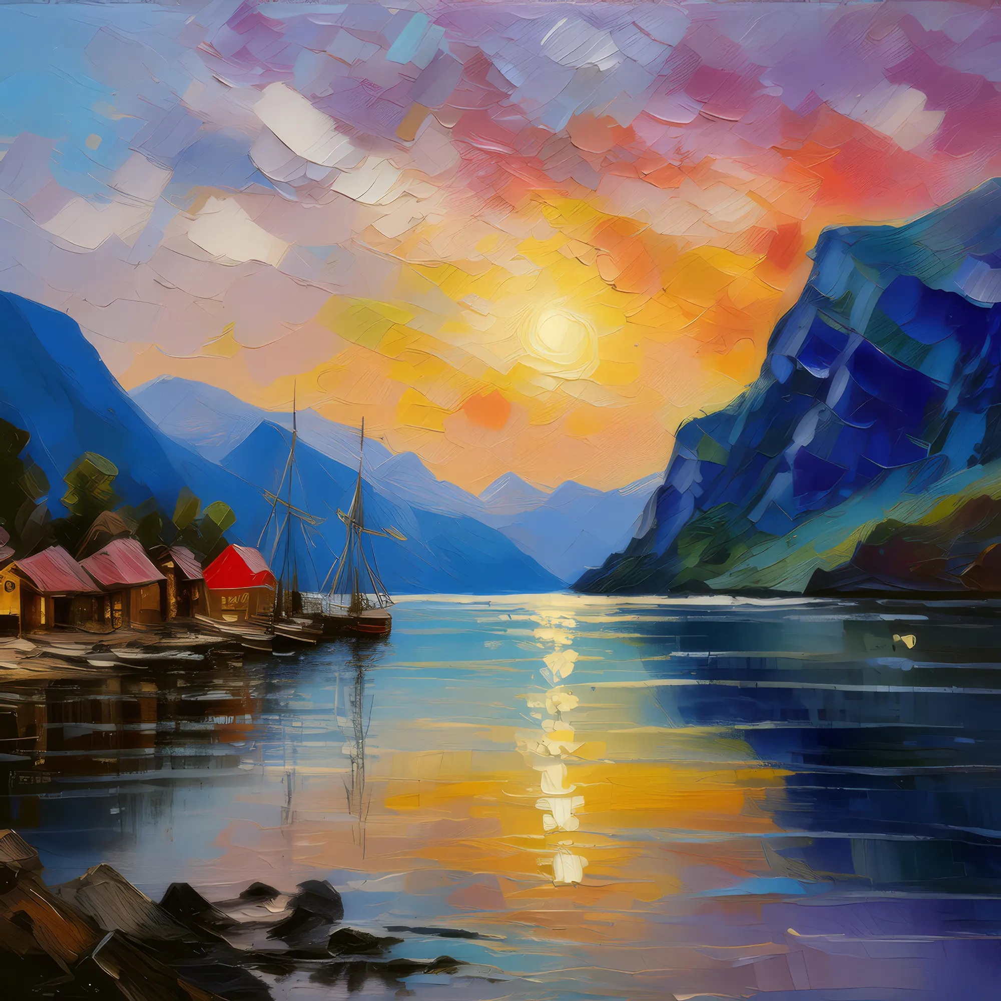 Painting: Twilight Hues Over the Fjord