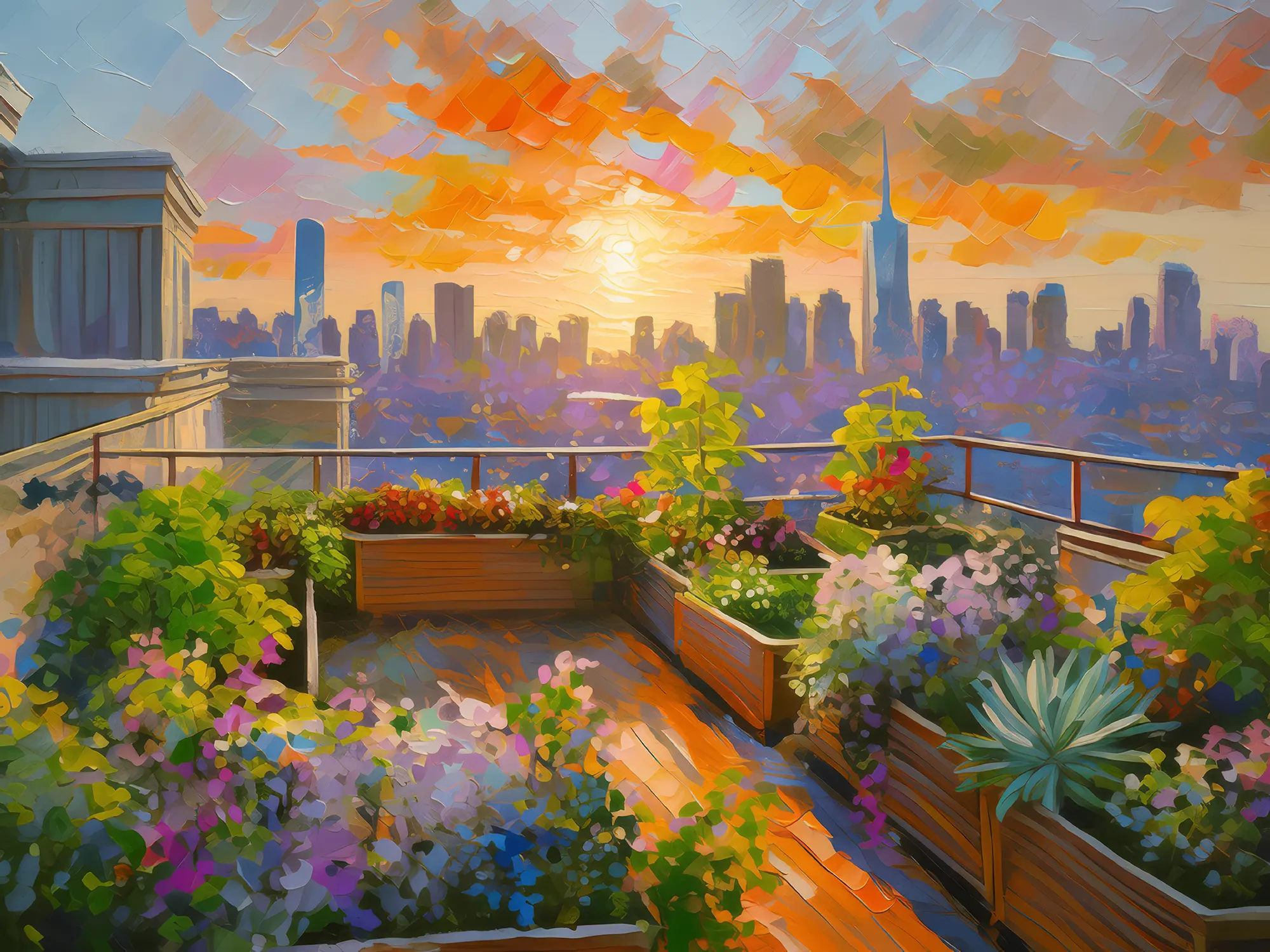 Painting: Urban Rooftop at Sunset