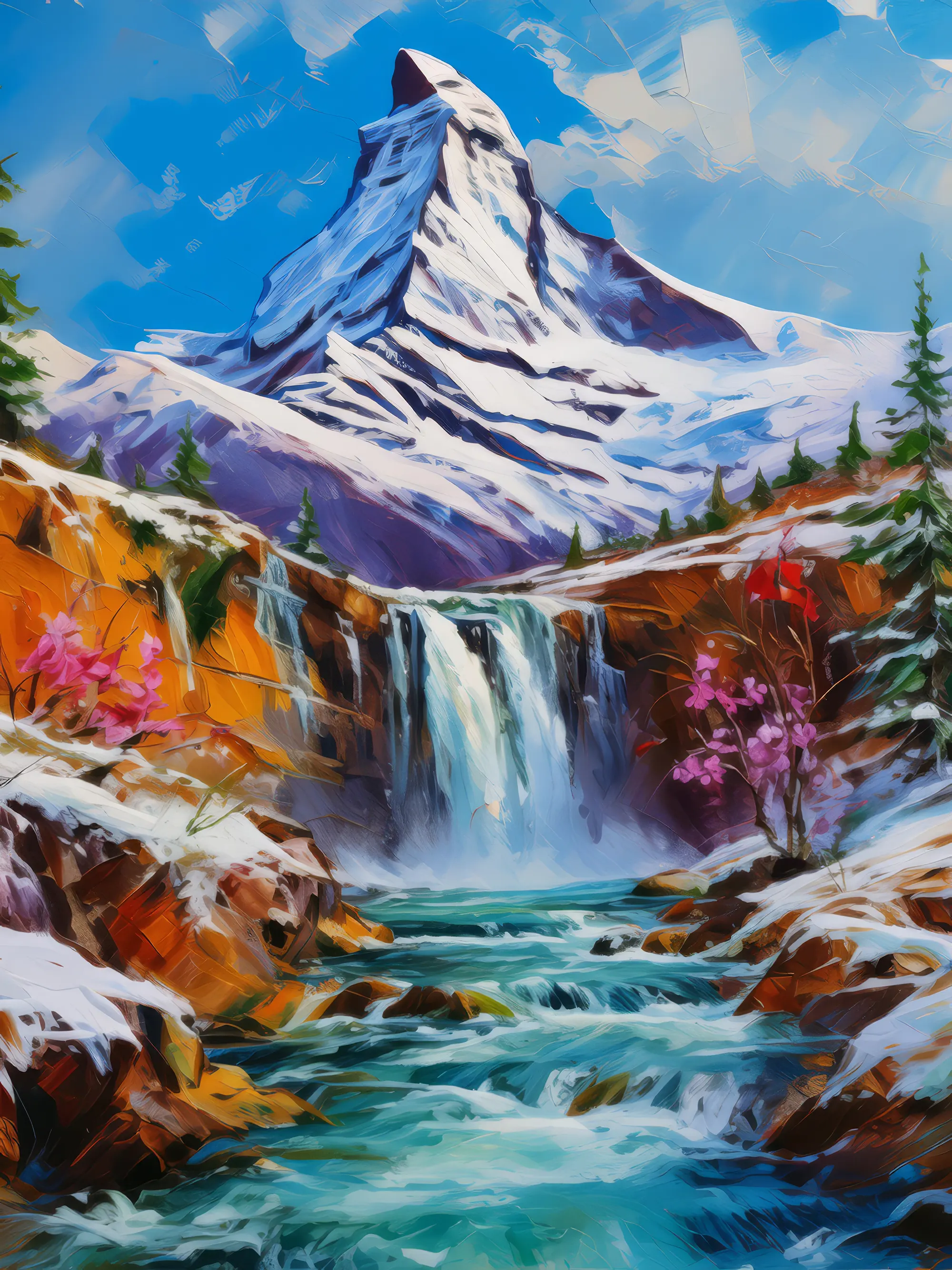 Painting: Waterfall Amidst Frozen Peaks