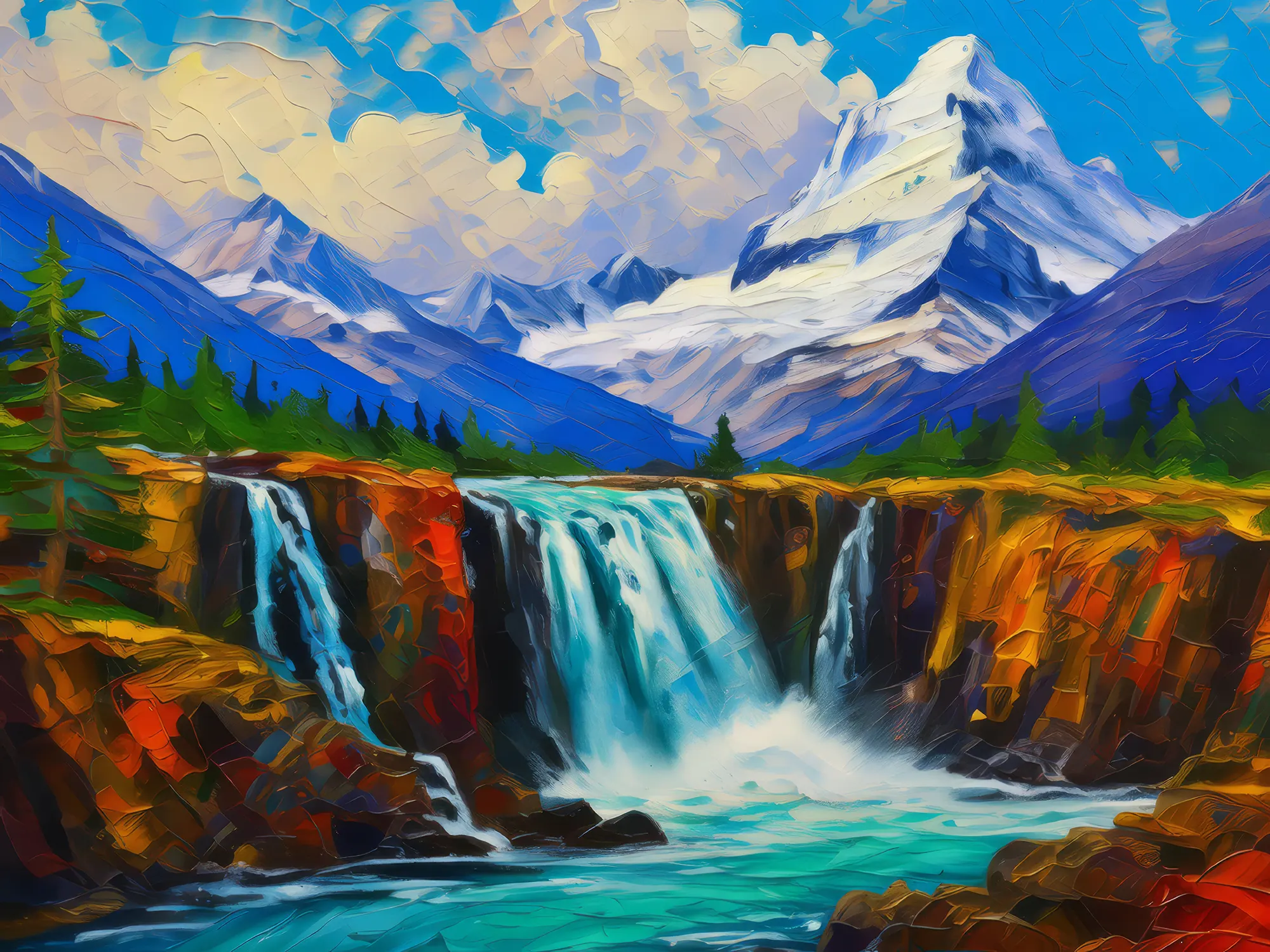 Painting: Waterfall Among Snow Peaks