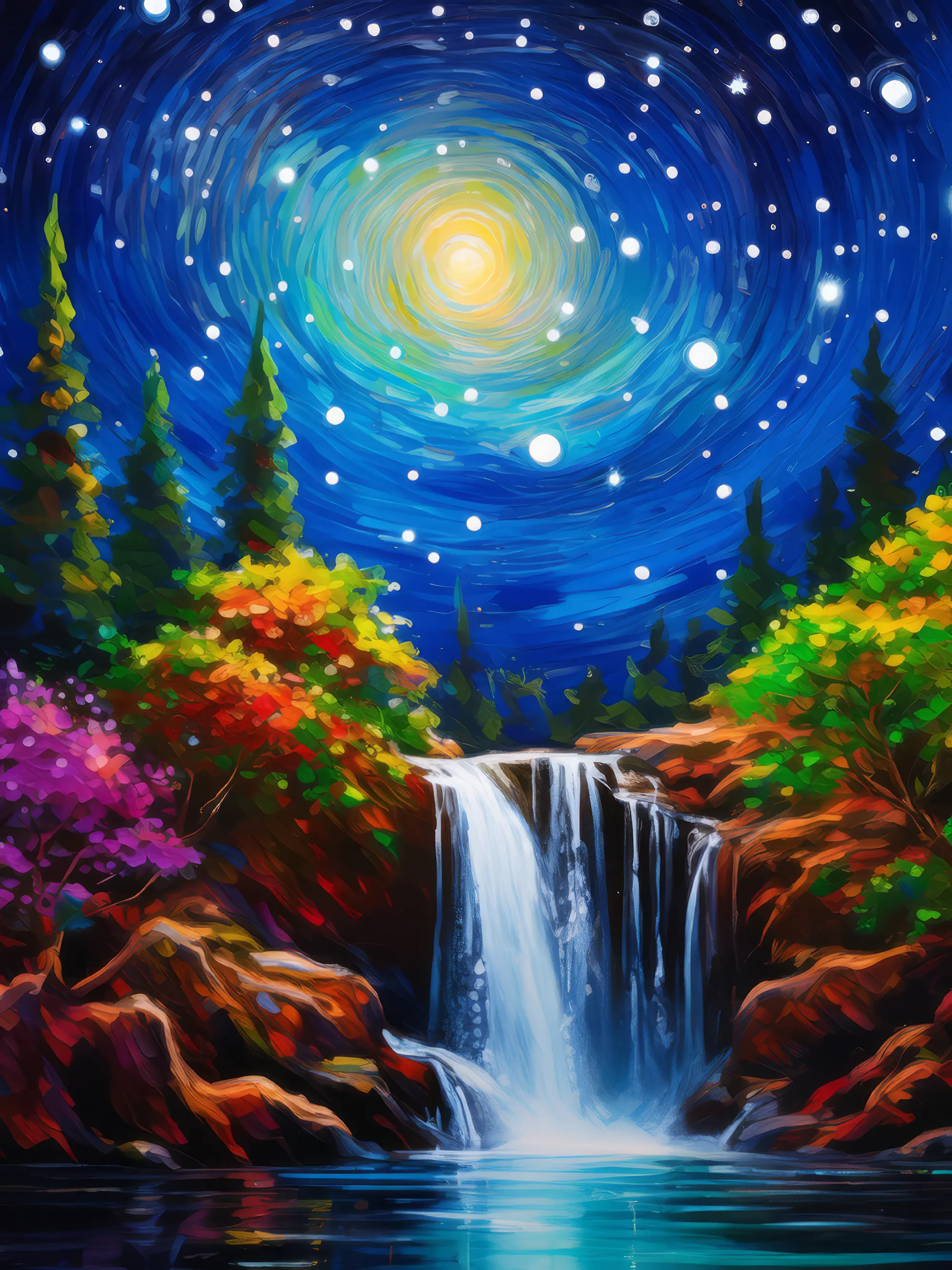 Painting: Waterfall Beneath Starry Sky