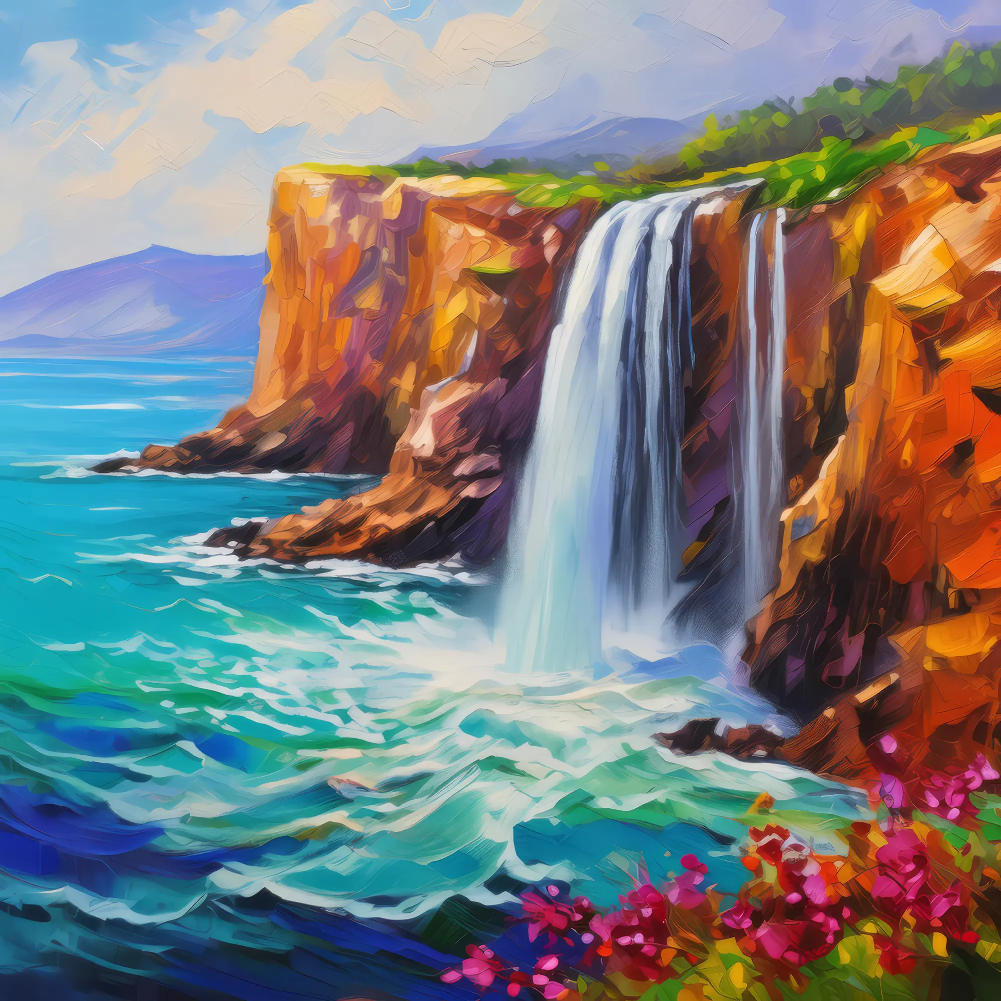 Painting: Waterfall Cascading into Ocean