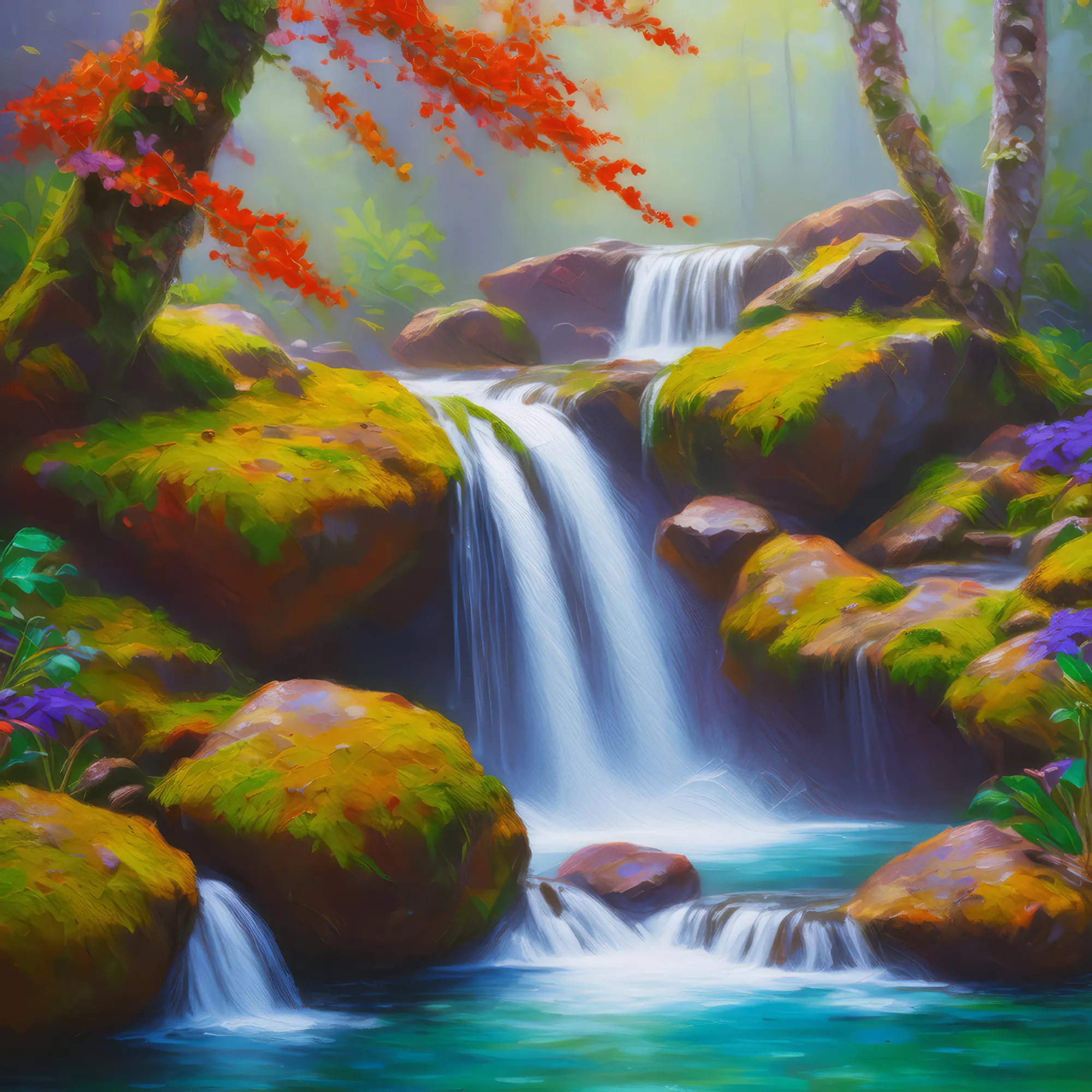 Painting: Waterfall Over Ancient Stones