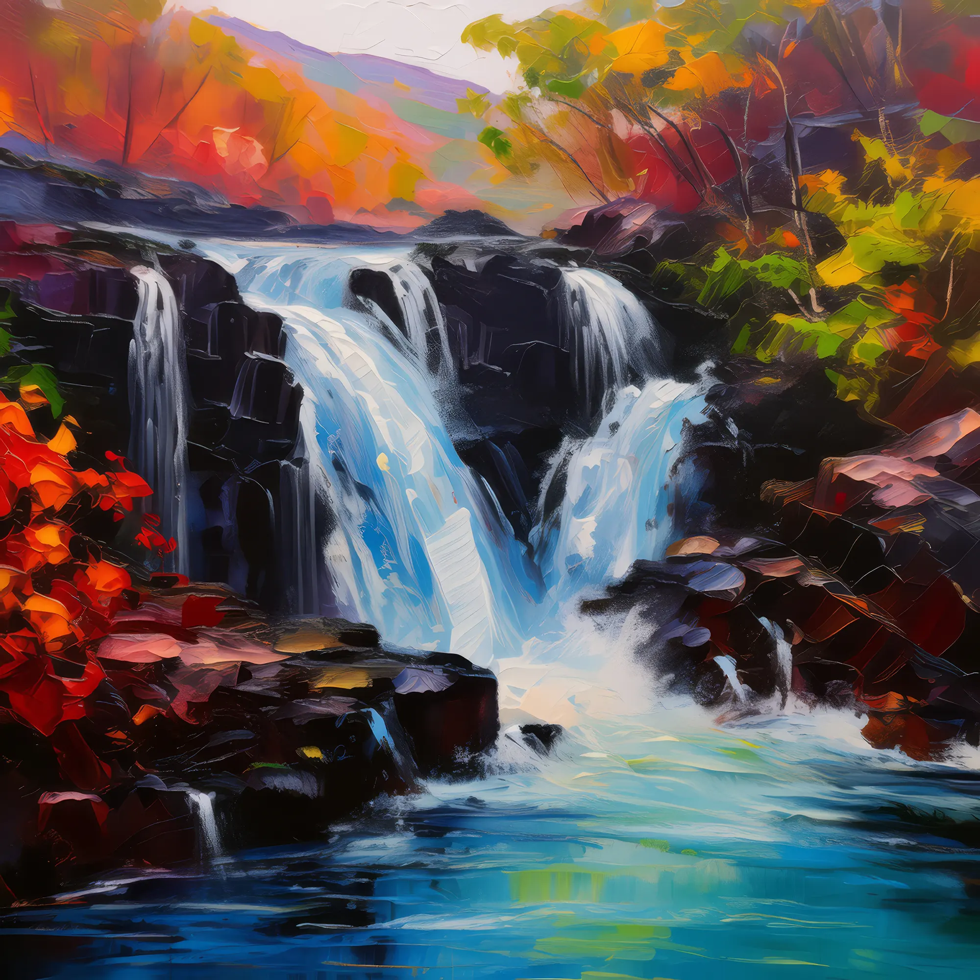 Painting: Waterfall Over Lava Rocks