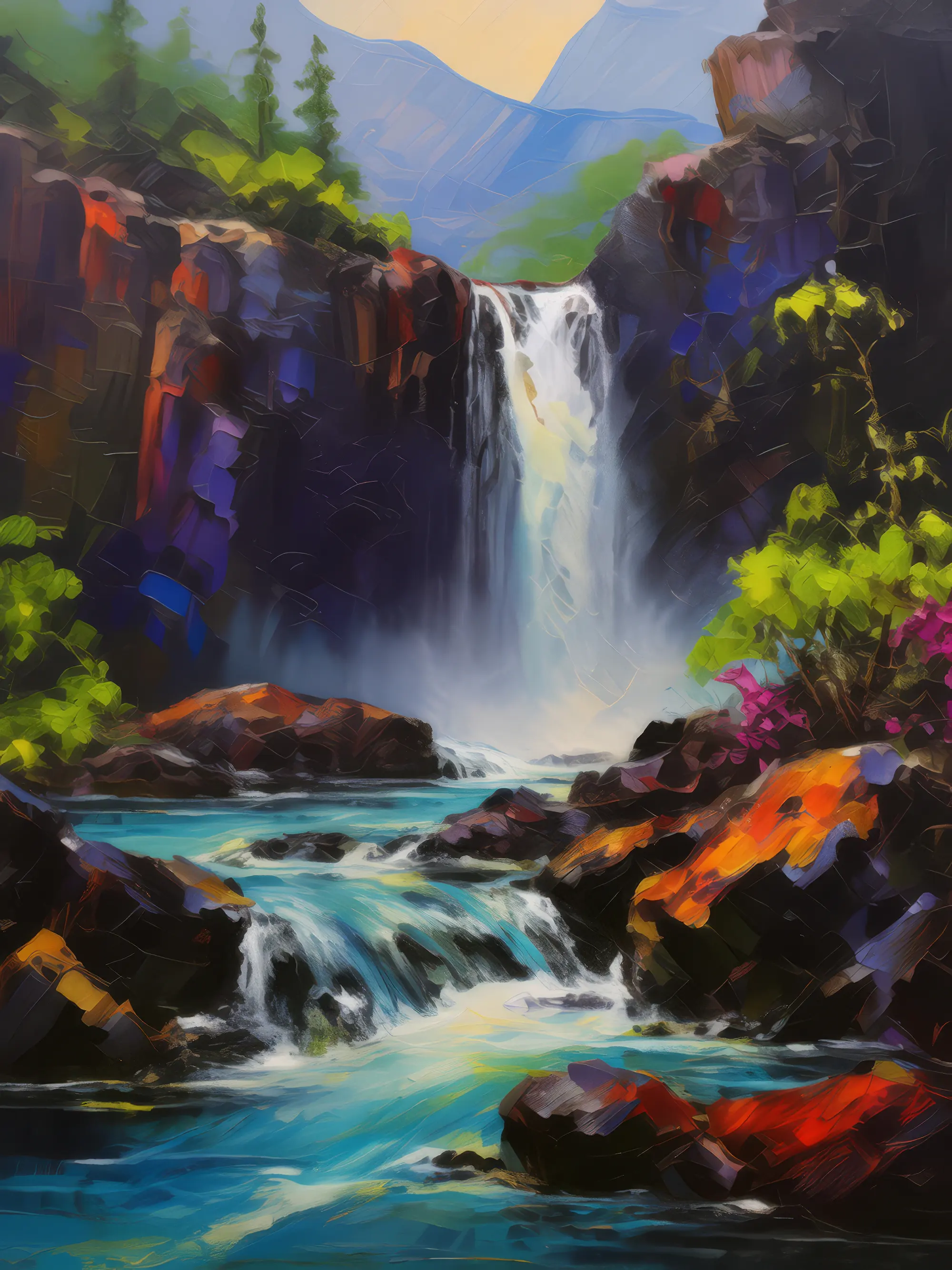 Painting: Waterfall Over Volcanic Rocks