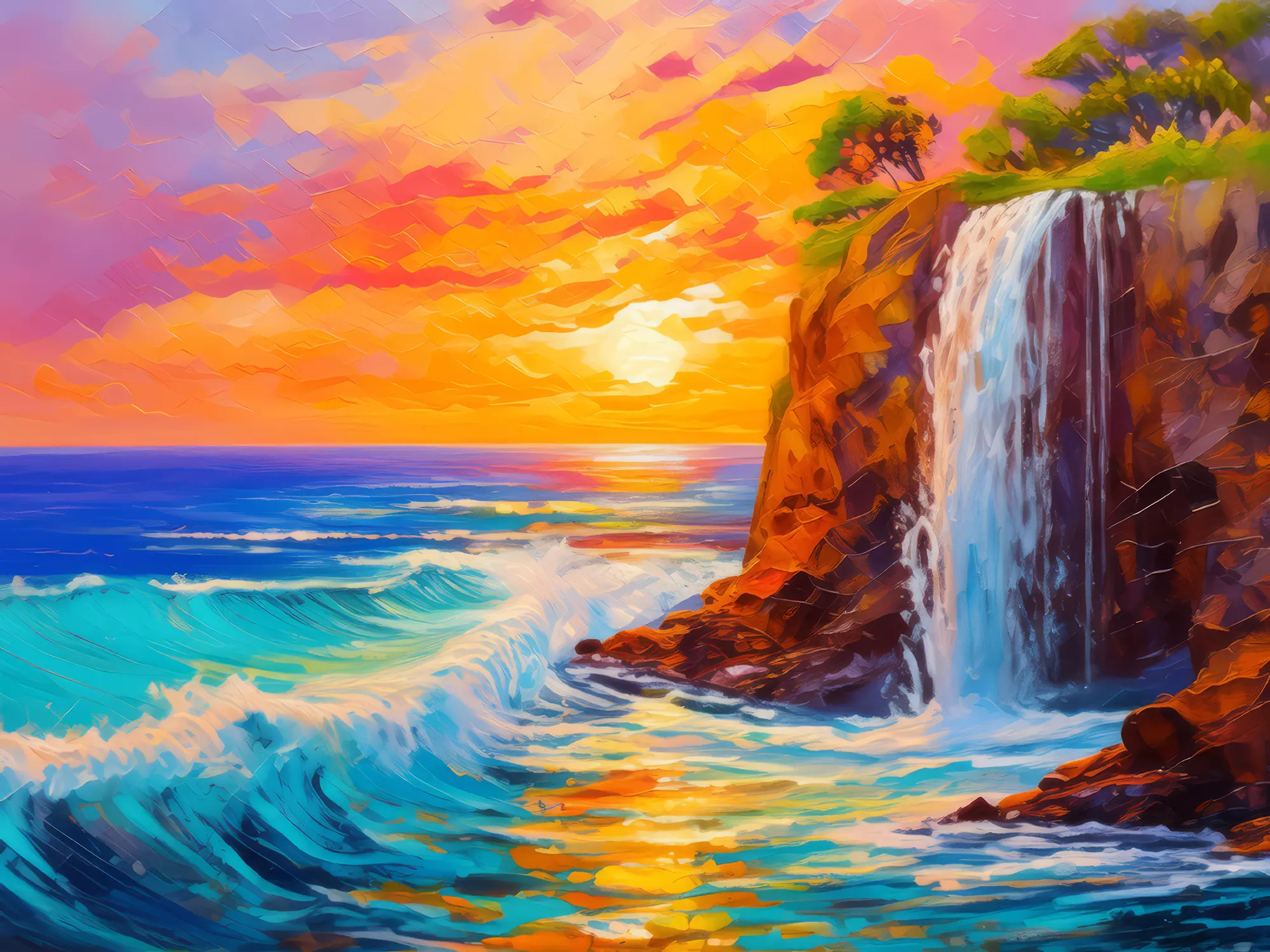 Painting: Waterfall Overlooking the Sea