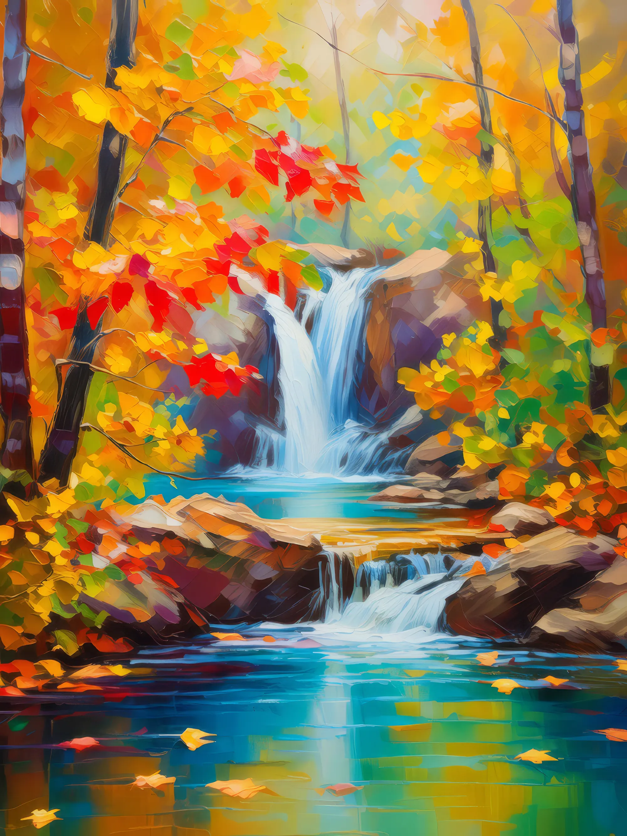 Painting: Waterfall Through Autumn Leaves