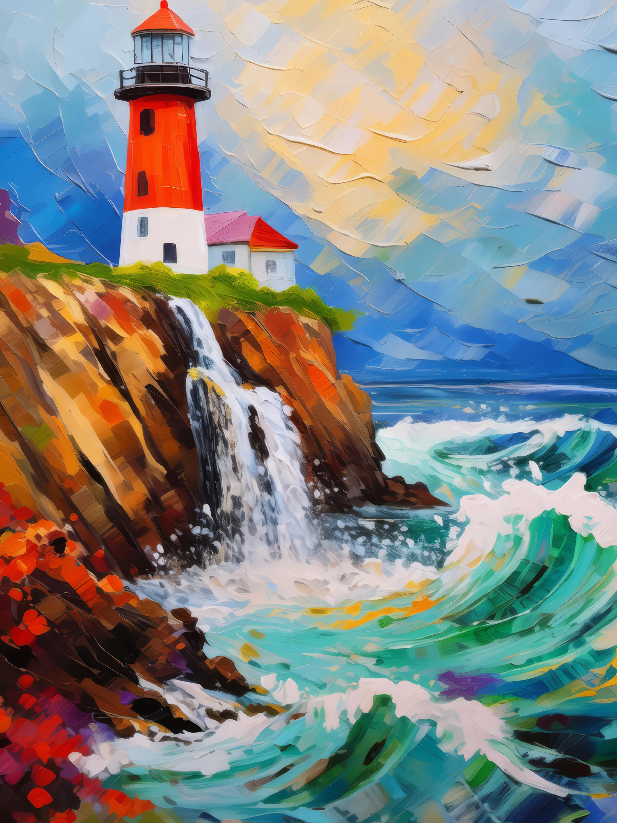 Painting: Waterfall by the Lighthouse