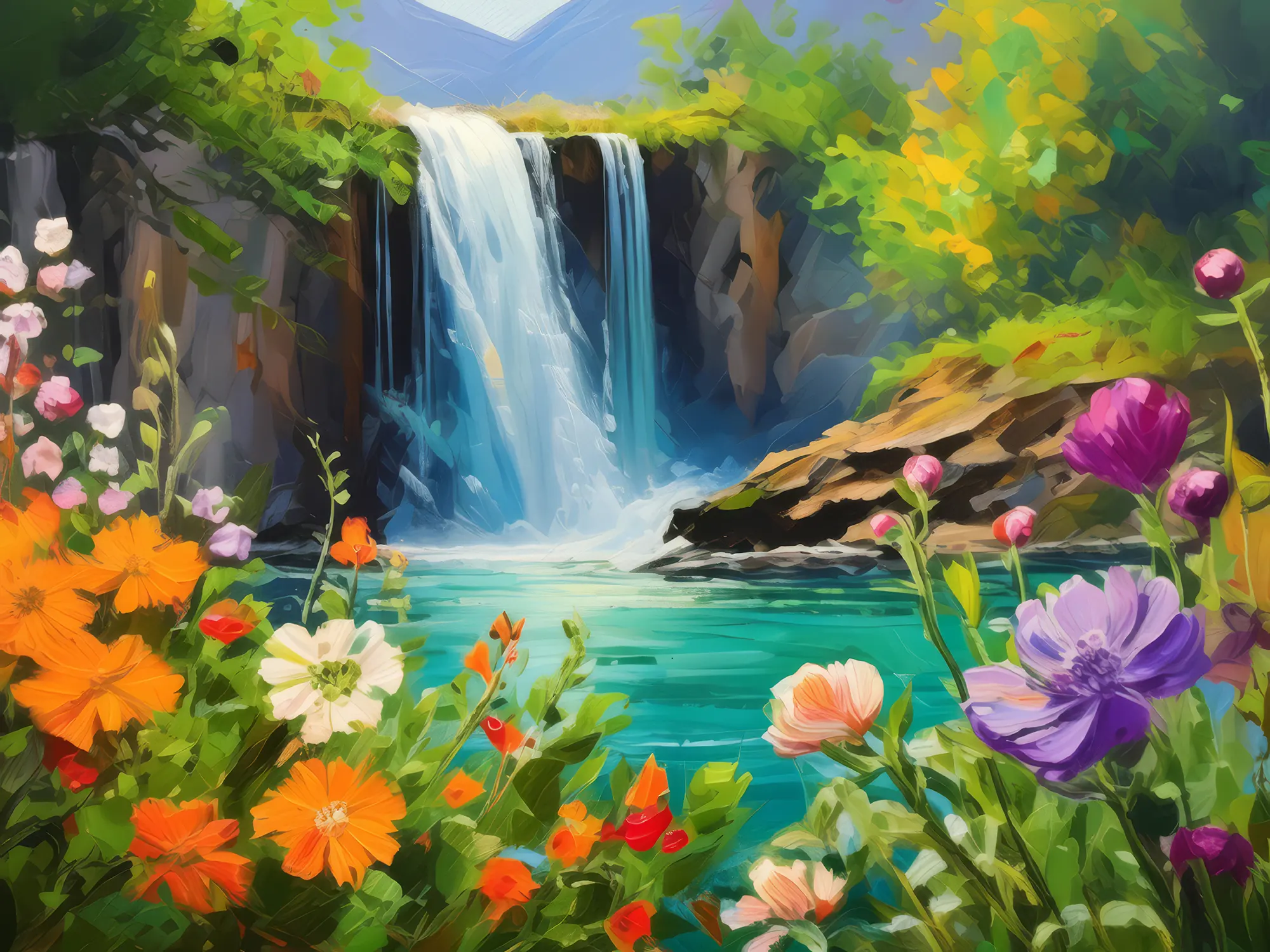 Painting: Waterfall in Blooming Spring