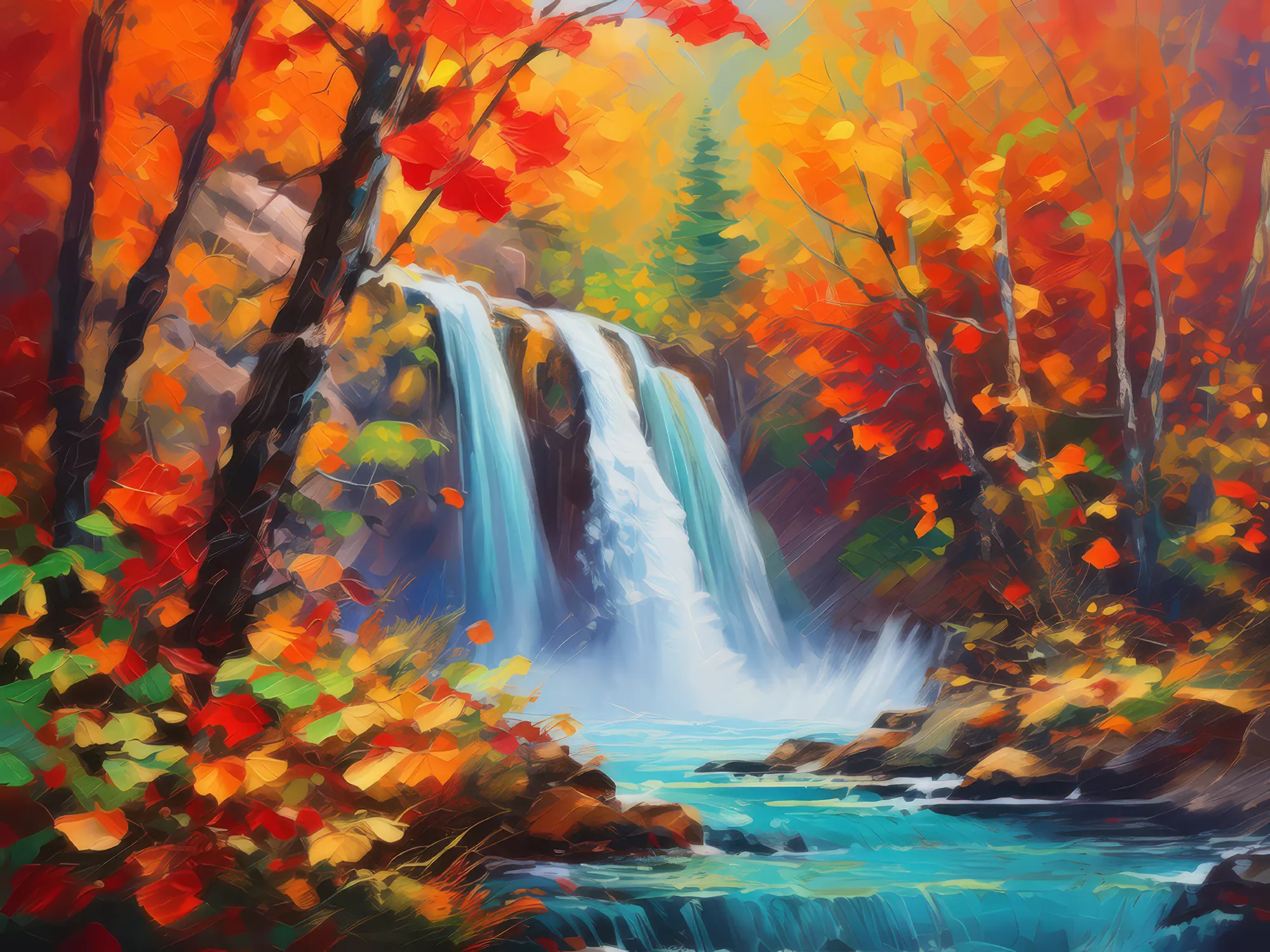 Painting: Waterfall in Fiery Autumn