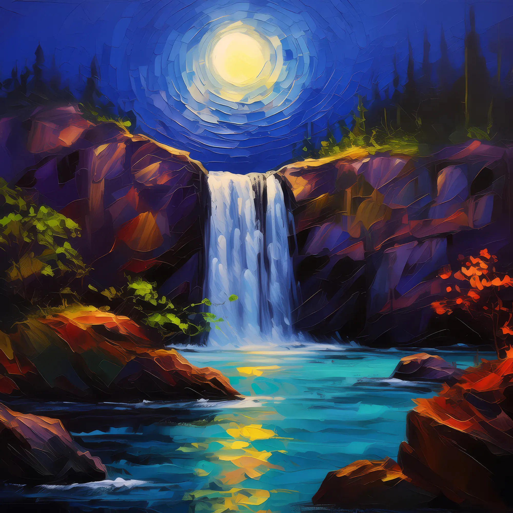 Painting: Waterfall in Moonlit Night