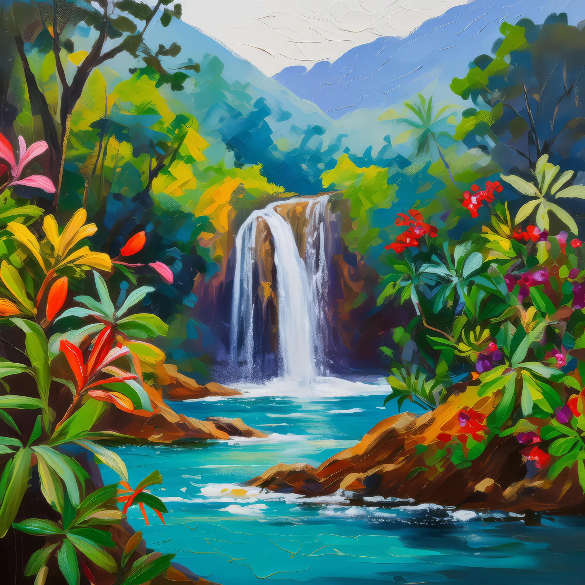 Painting: Waterfall in Mountain Jungle