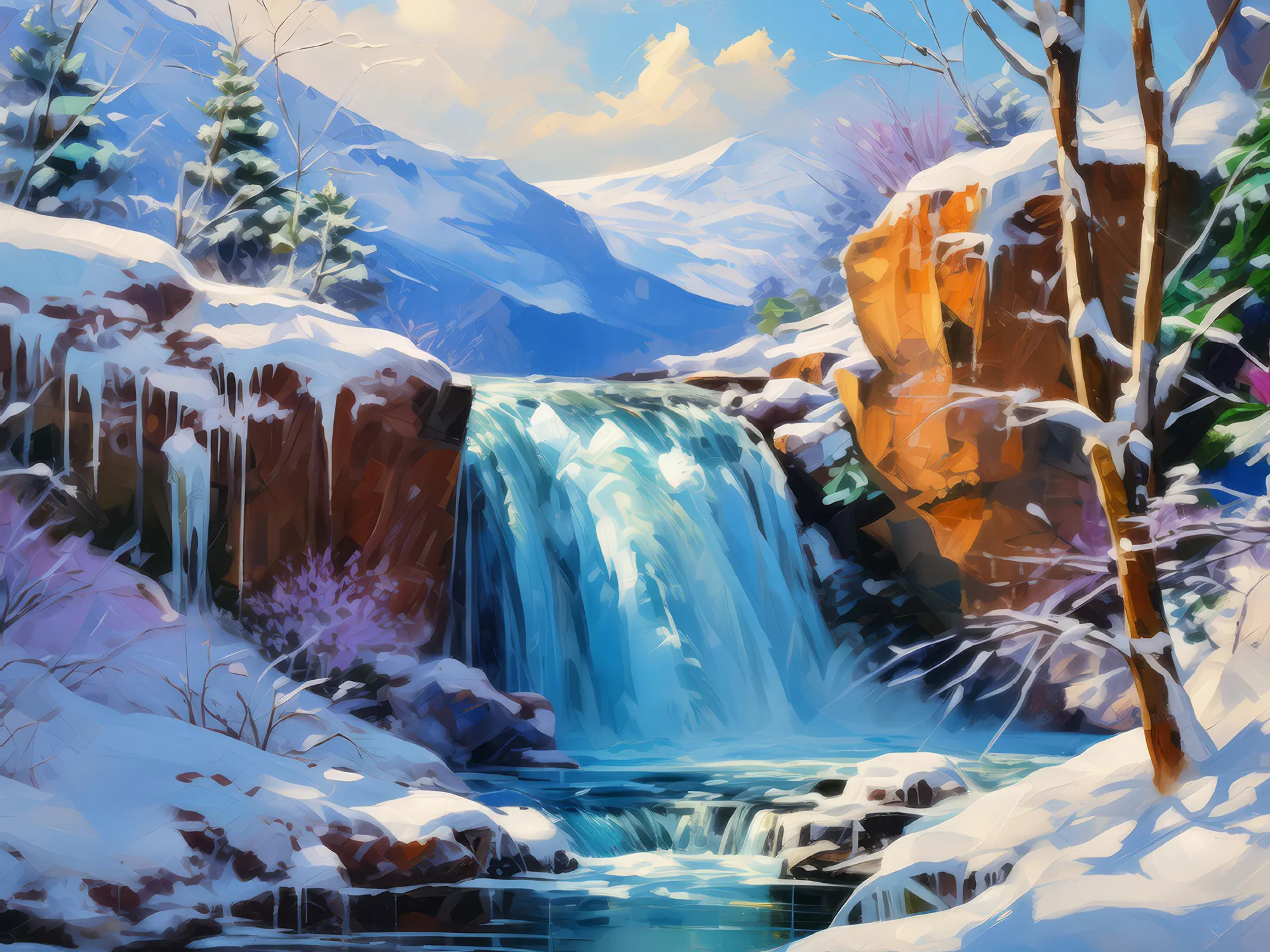 Painting: Waterfall in Winter Wonderland