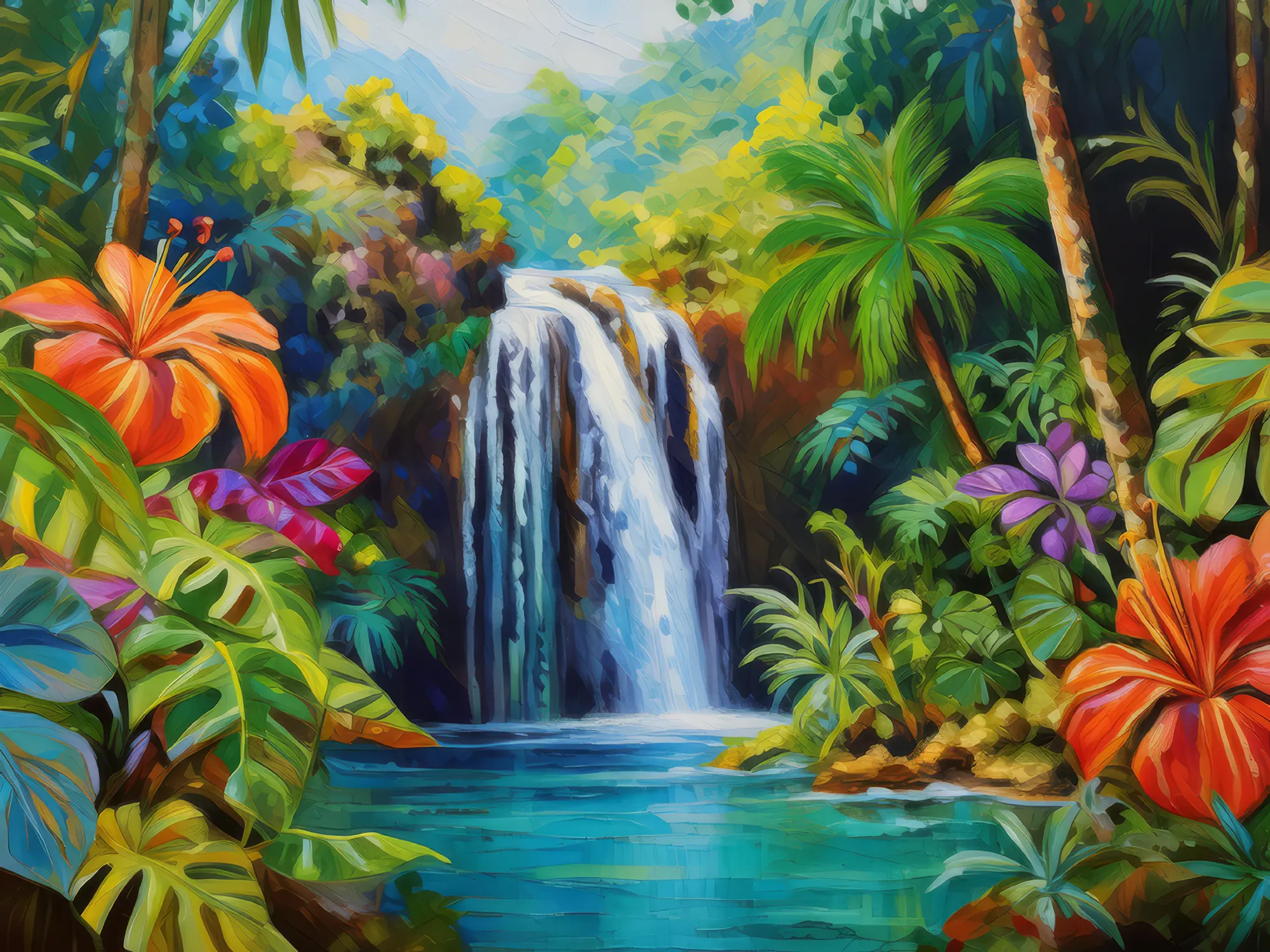 Painting: Waterfall in a Tropical Paradise