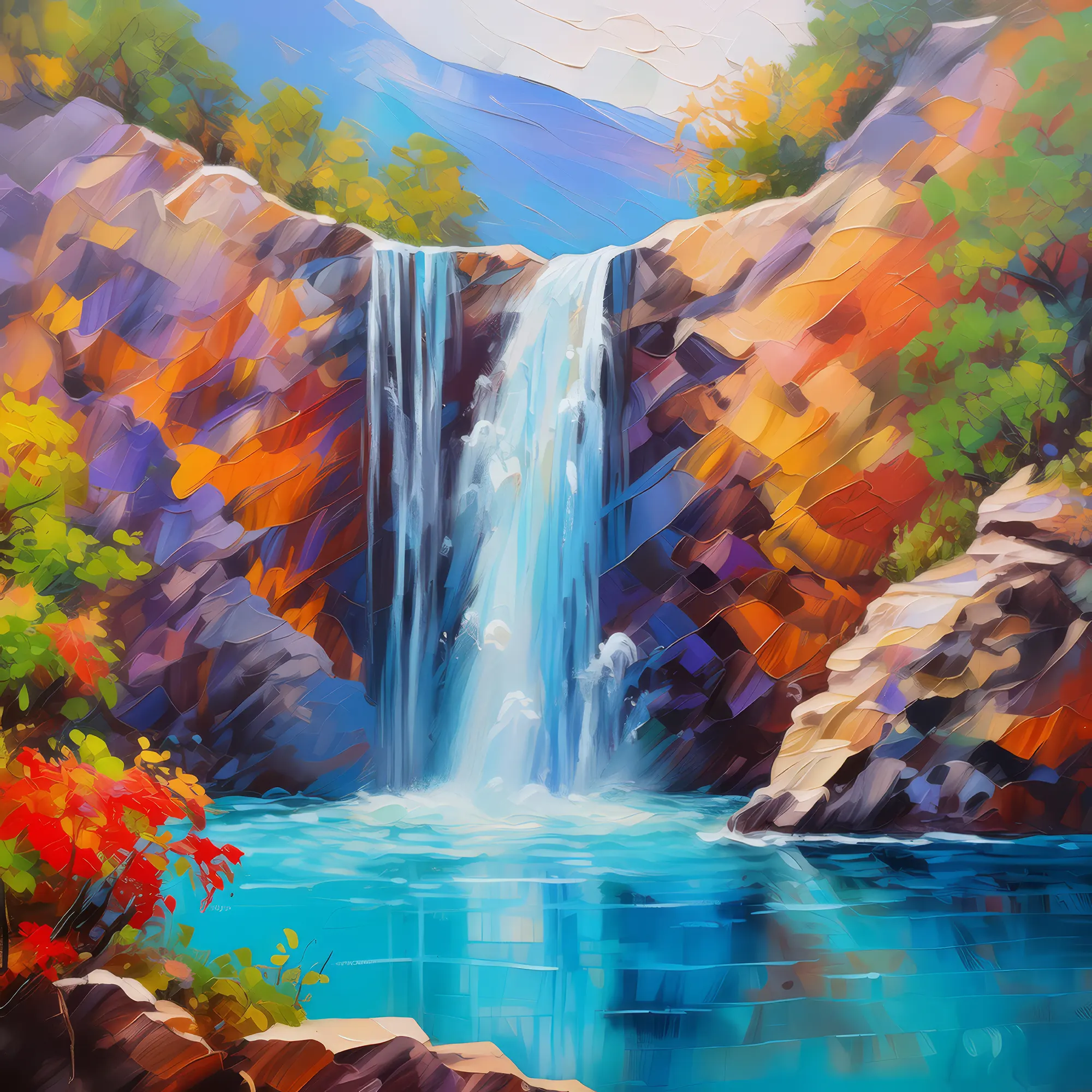 Painting: Waterfall on Rocky Cliff