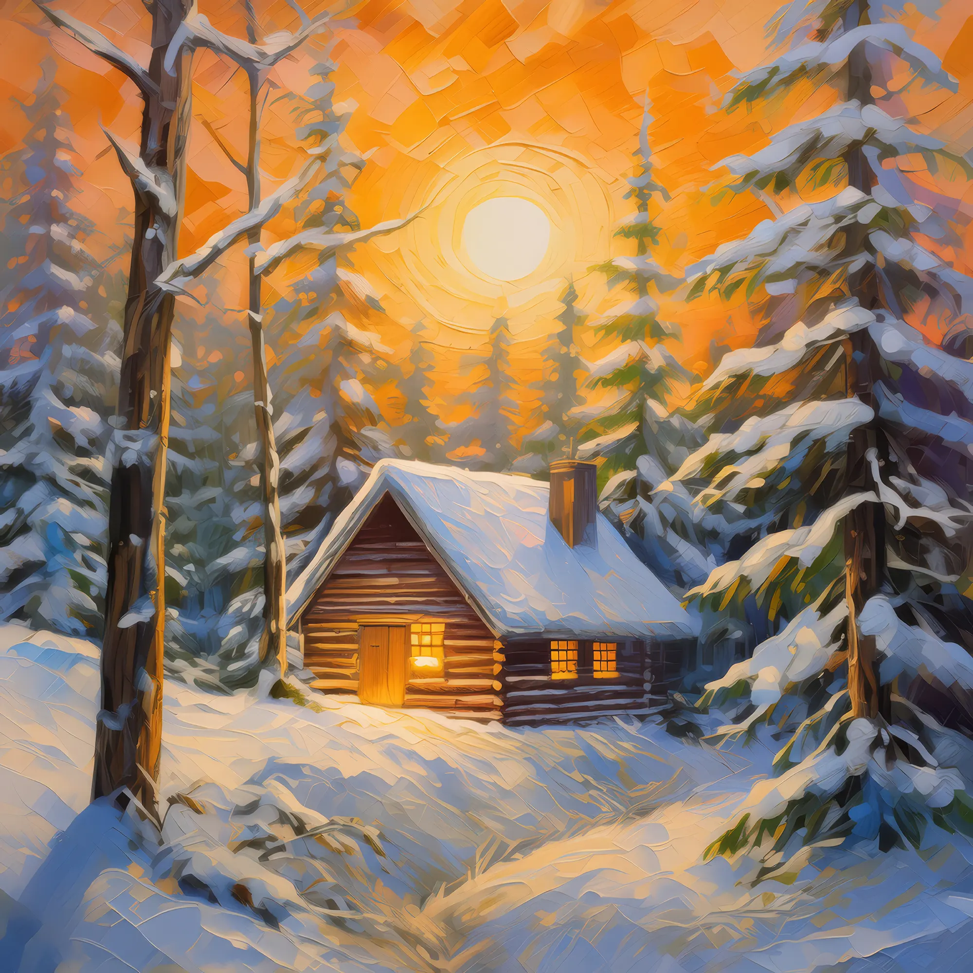 Painting: Winter Cabin in Boreal Forest