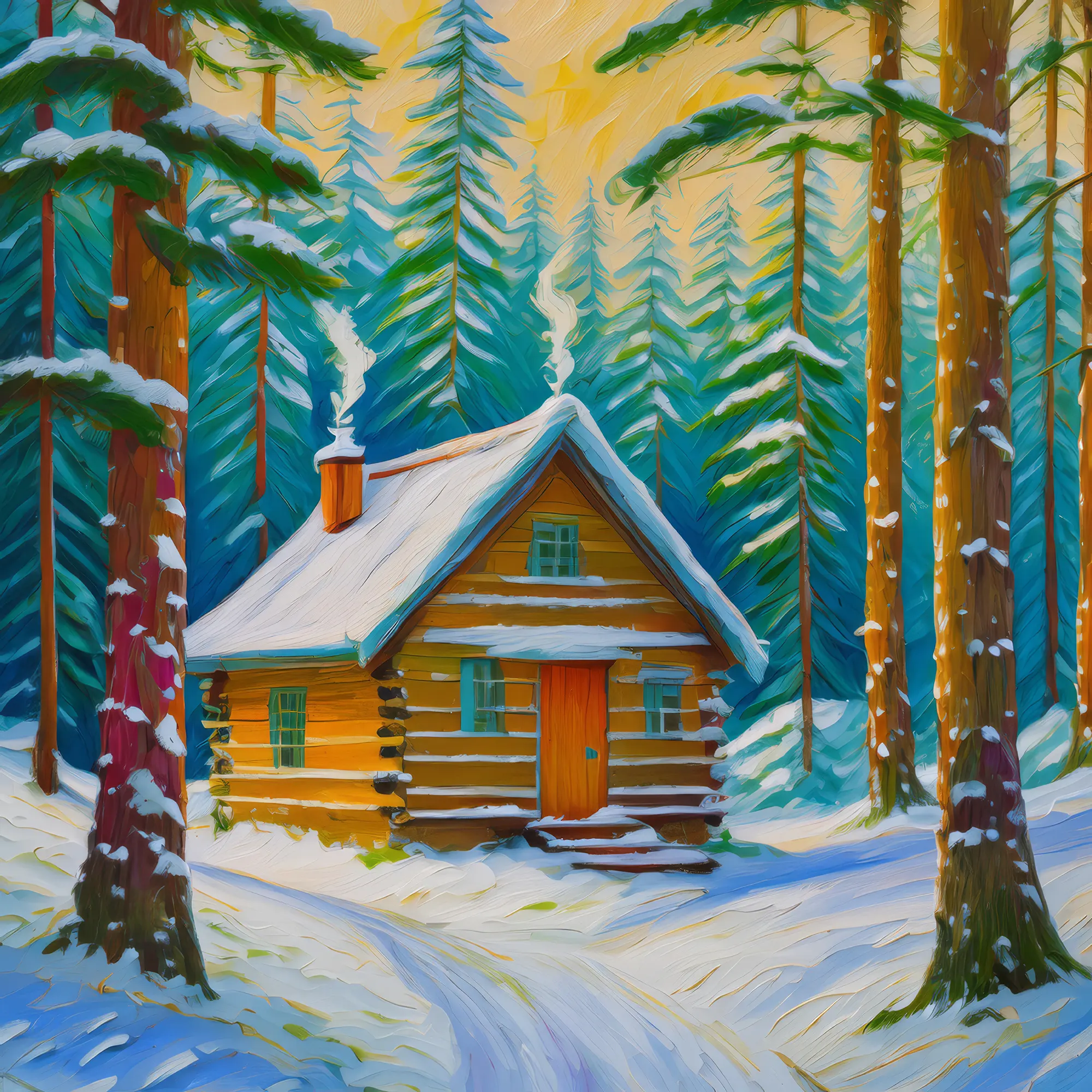 Painting: Winter Forest Cabin