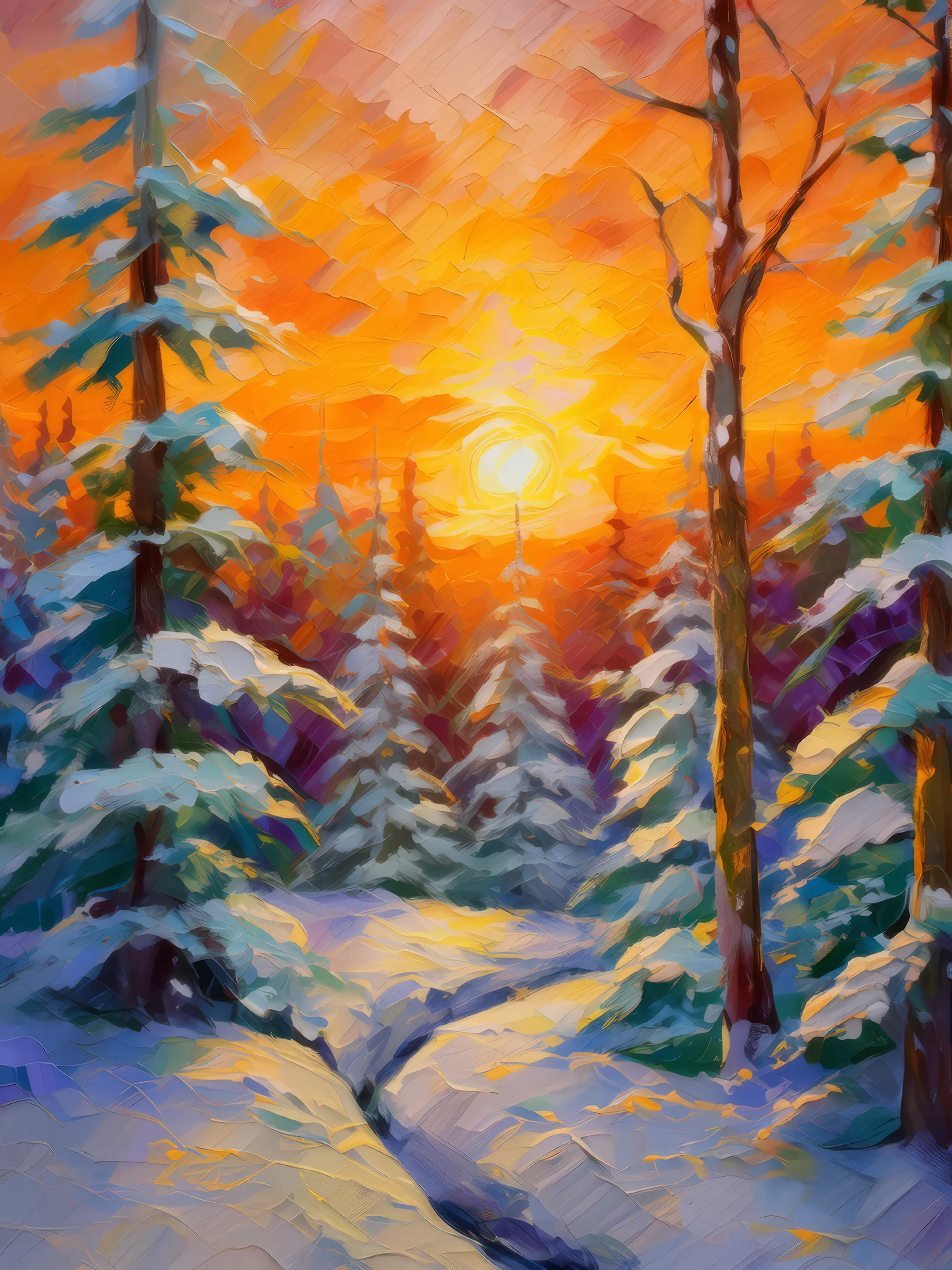 Painting: Winter Forest Sunset