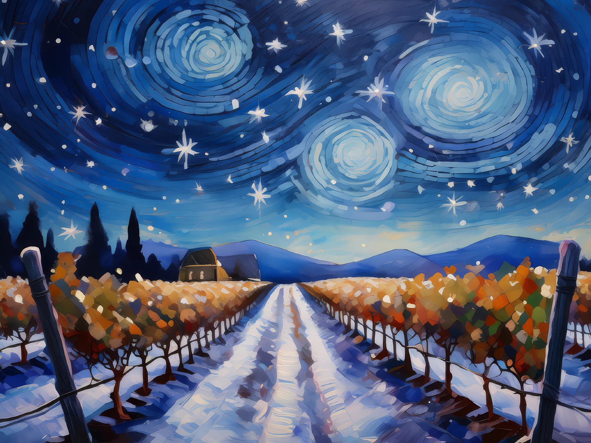 Painting: Winter Vineyard under Starry Sky