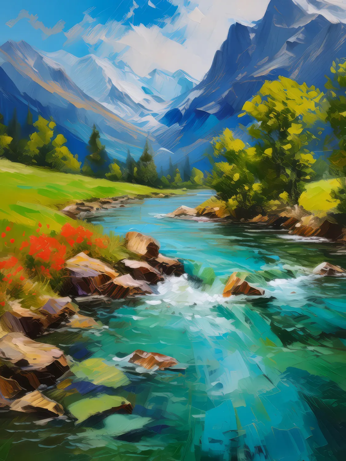 Painting: Alpine River Crossing