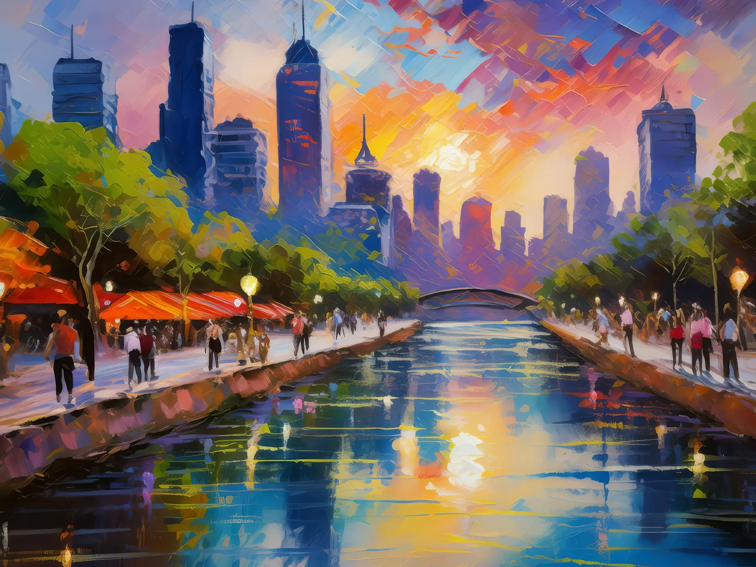 Painting: Busy City Riverfront